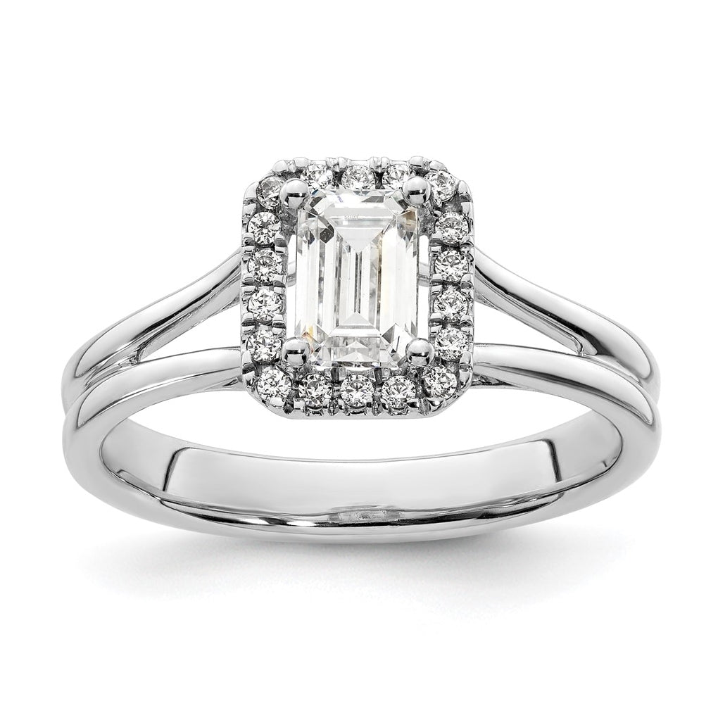 14k White Gold Halo (Holds 3/4 carat (5.7x4.5mm) Emerald-cut Center) 1/10 carat Diamond Semi-mount Split Shank Engagement Ring