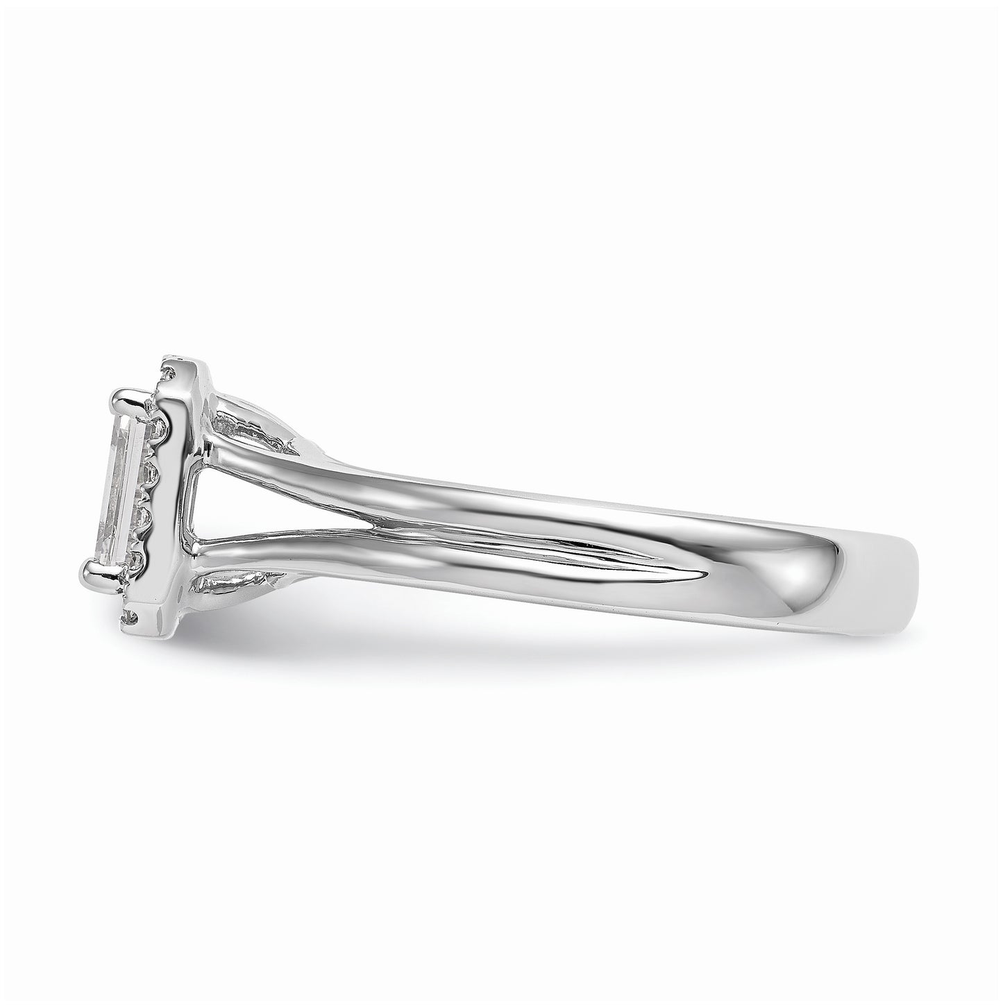 14k White Gold Halo (Holds 1/2 carat (5.5x4mm) Emerald-cut Center) 1/10 carat Diamond Semi-mount Split Shank Engagement Ring