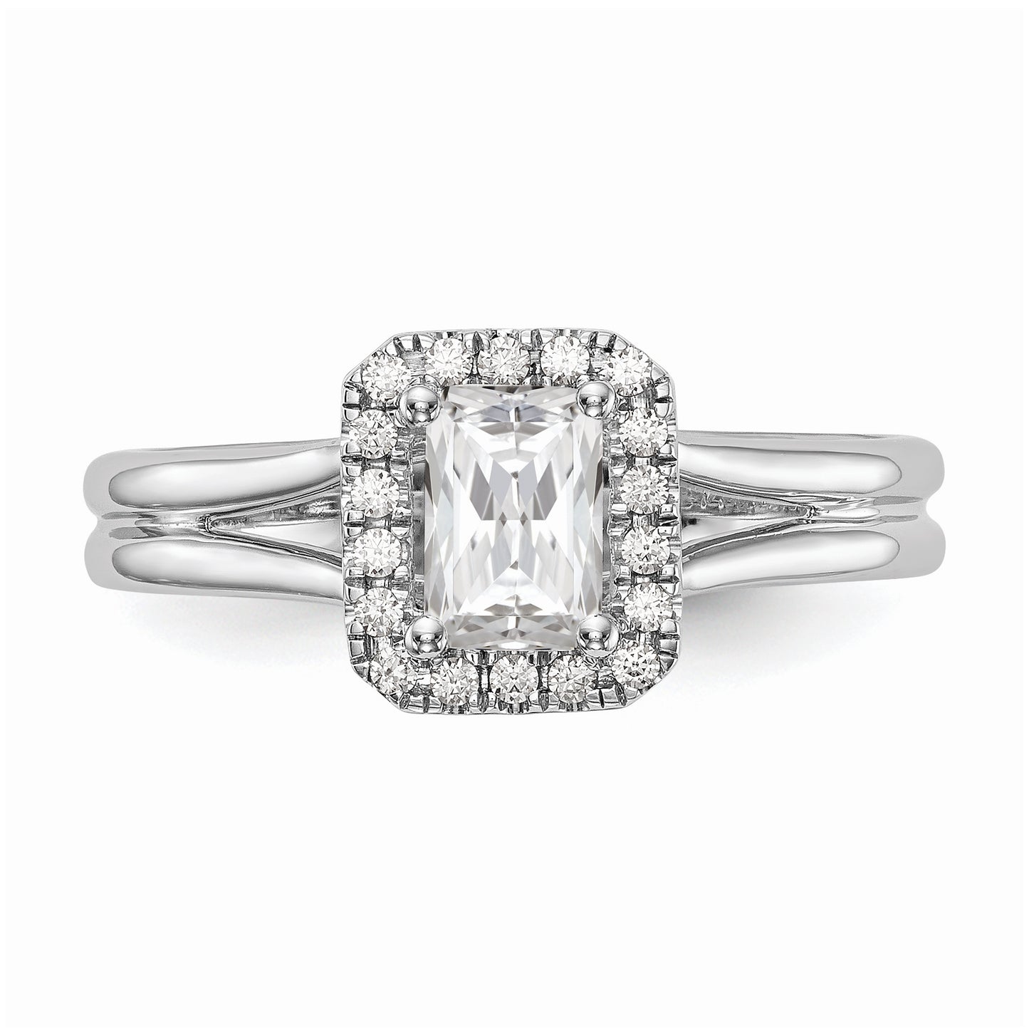 14k White Gold Halo (Holds 1/2 carat (5.5x4mm) Emerald-cut Center) 1/10 carat Diamond Semi-mount Split Shank Engagement Ring