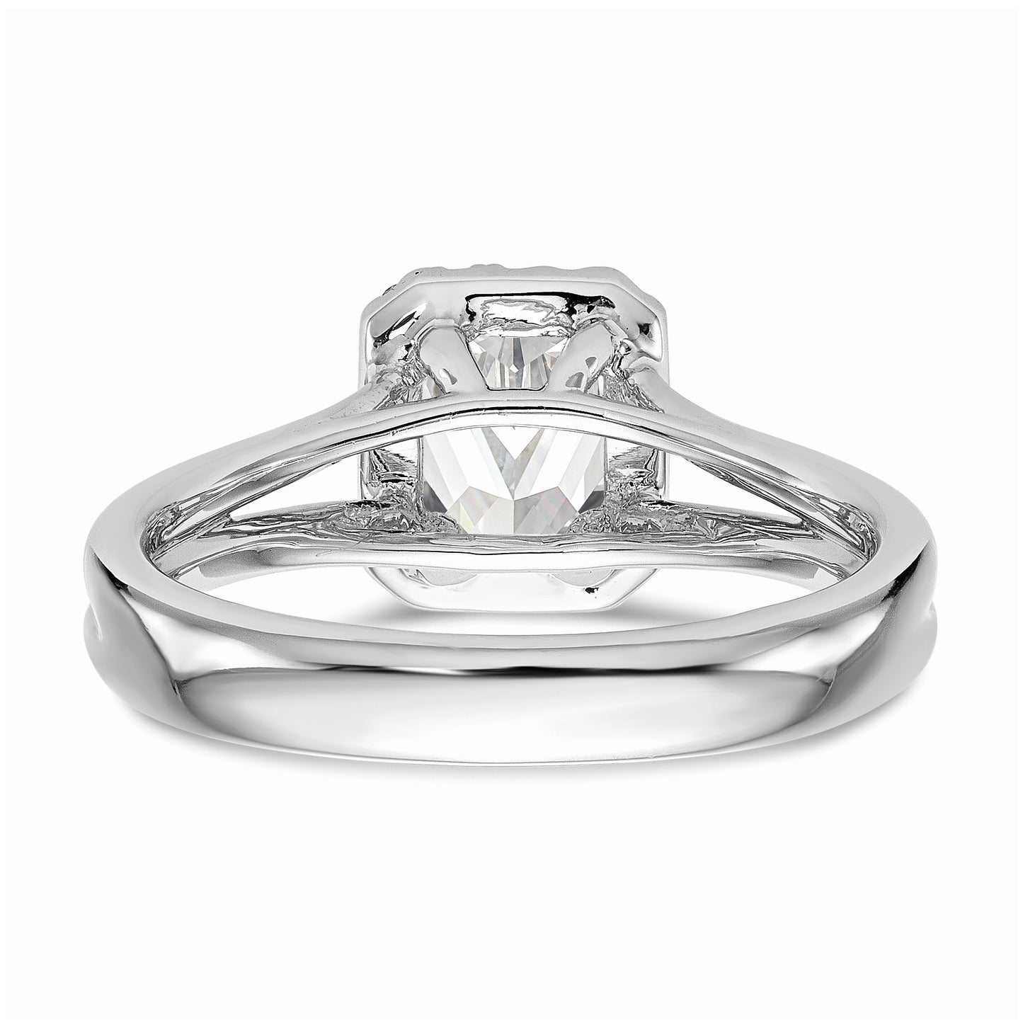 14k White Gold Halo (Holds 1/2 carat (5.5x4mm) Emerald-cut Center) 1/10 carat Diamond Semi-mount Split Shank Engagement Ring