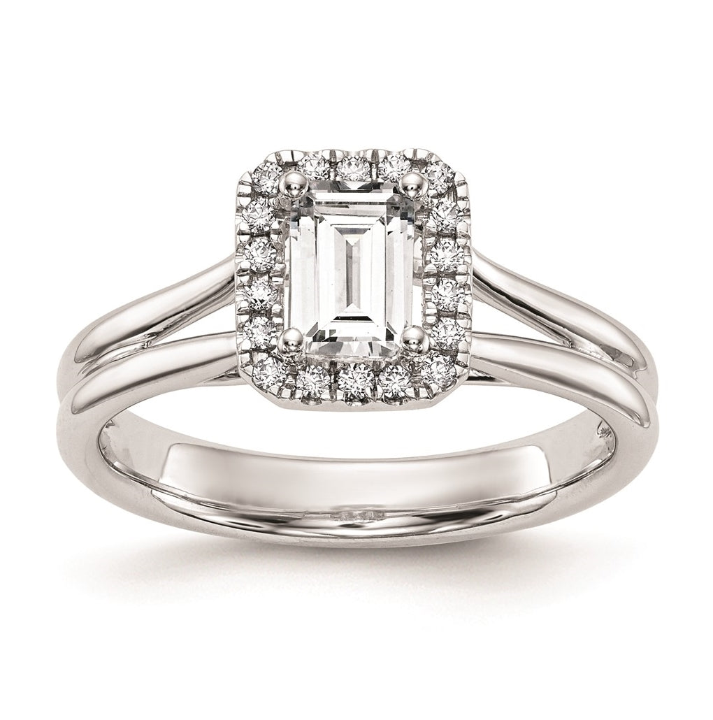 14k White Gold Halo (Holds 1/2 carat (5.5x4mm) Emerald-cut Center) 1/10 carat Diamond Semi-mount Split Shank Engagement Ring
