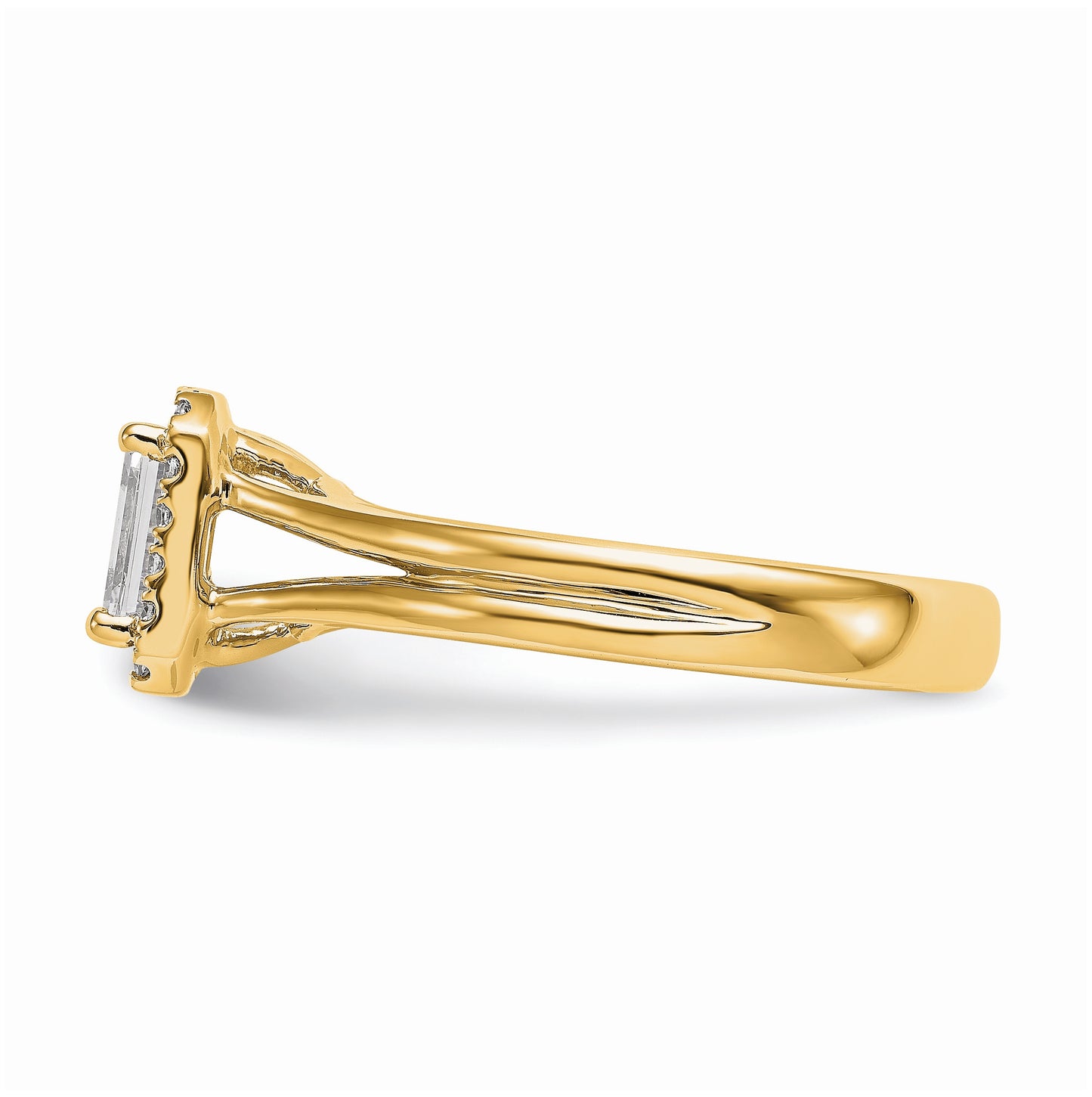 14k Yellow Gold Halo (Holds 1/2 carat (5.5x4mm) Emerald-cut Center) 1/10 carat Diamond Semi-mount Split Shank Engagement Ring