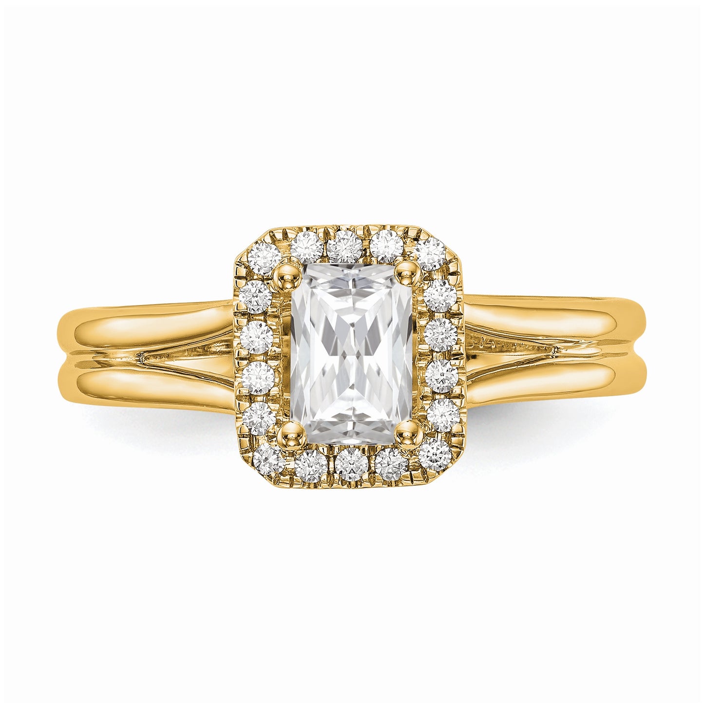 14k Yellow Gold Halo (Holds 1/2 carat (5.5x4mm) Emerald-cut Center) 1/10 carat Diamond Semi-mount Split Shank Engagement Ring