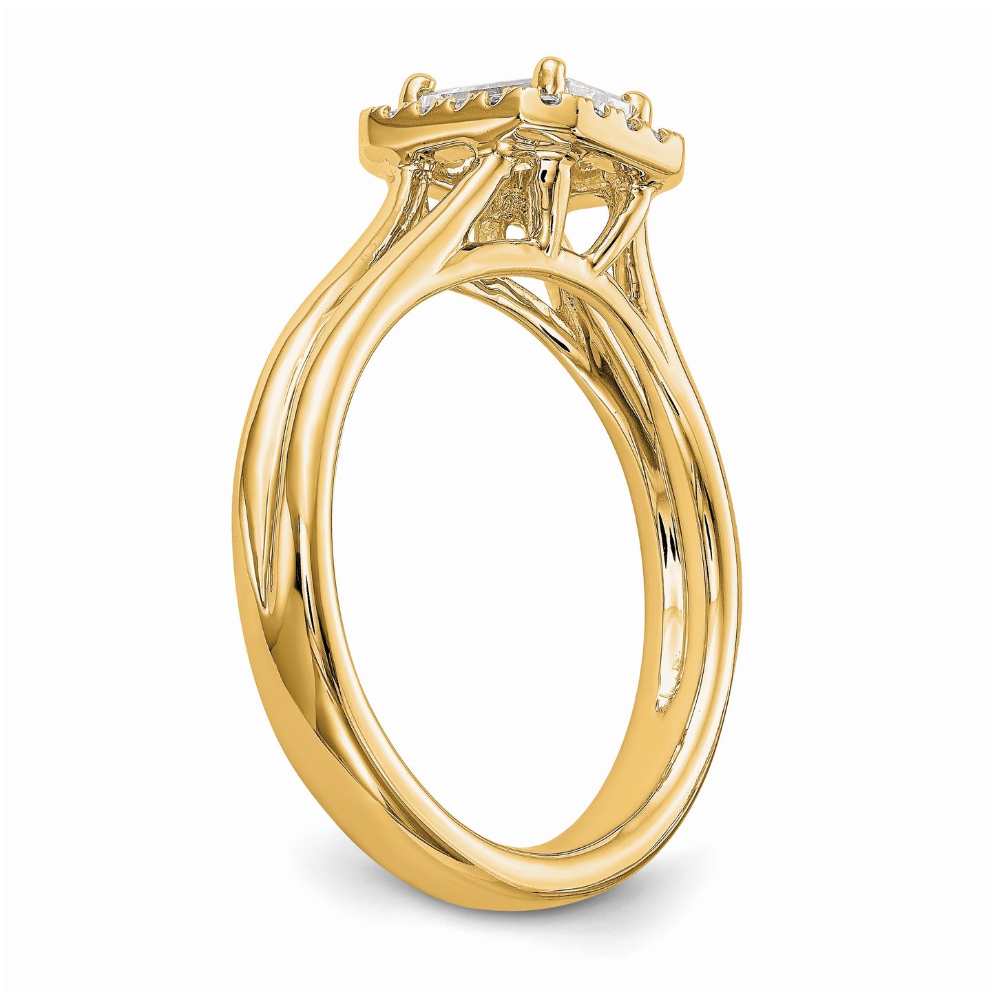 14k Yellow Gold Halo (Holds 1/2 carat (5.5x4mm) Emerald-cut Center) 1/10 carat Diamond Semi-mount Split Shank Engagement Ring