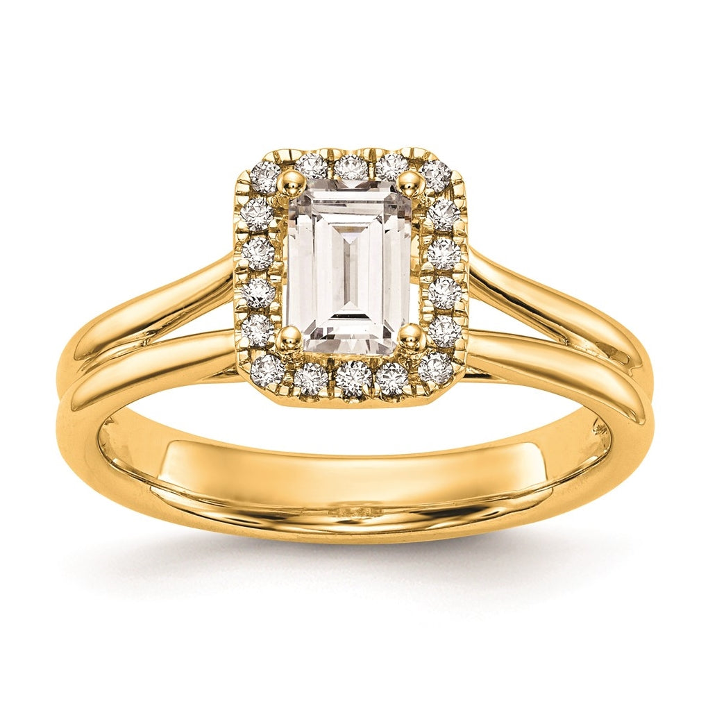 14k Yellow Gold Halo (Holds 1/2 carat (5.5x4mm) Emerald-cut Center) 1/10 carat Diamond Semi-mount Split Shank Engagement Ring