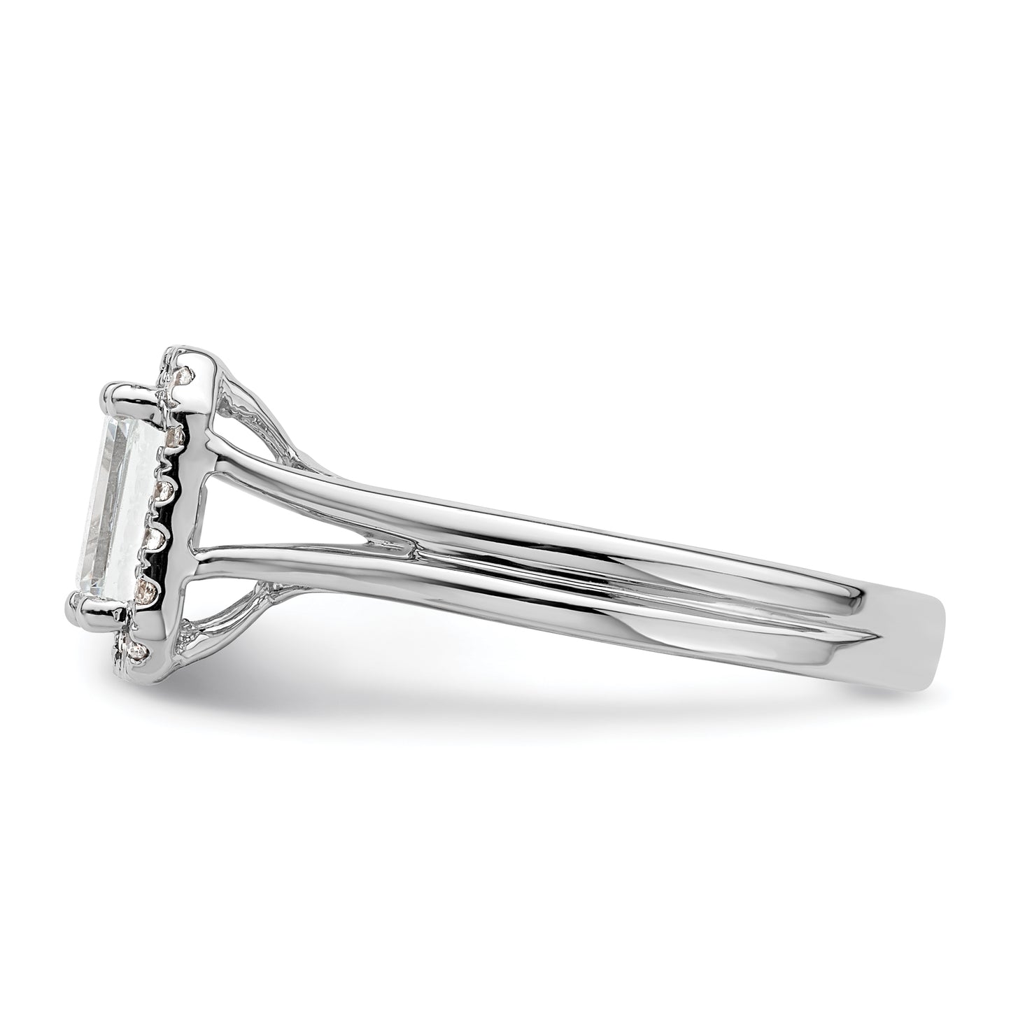 14k White Gold Halo (Holds 1.25 carat (6.8x5.2mm) Emerald-cut Center) 1/8 carat Diamond Semi-mount Split Shank Engagement Ring