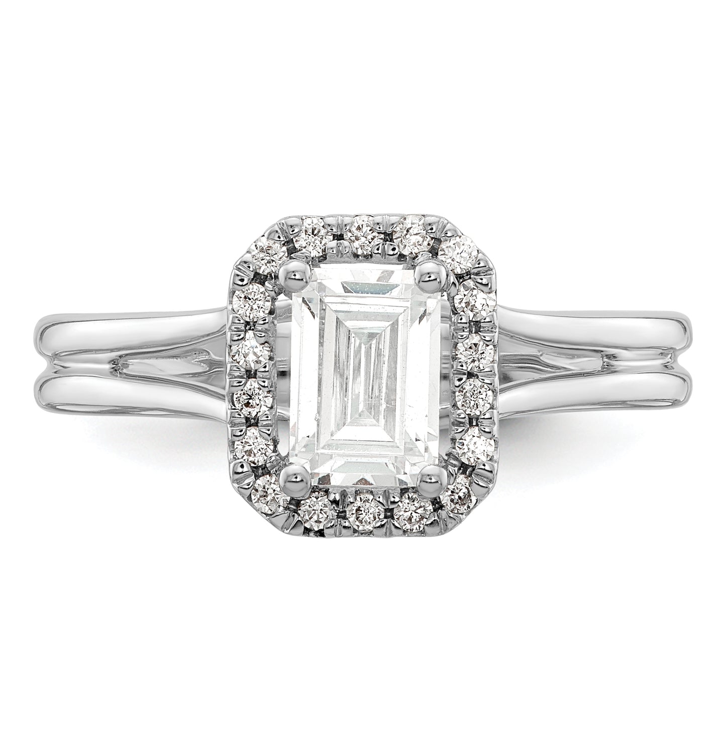 14k White Gold Halo (Holds 1.25 carat (6.8x5.2mm) Emerald-cut Center) 1/8 carat Diamond Semi-mount Split Shank Engagement Ring