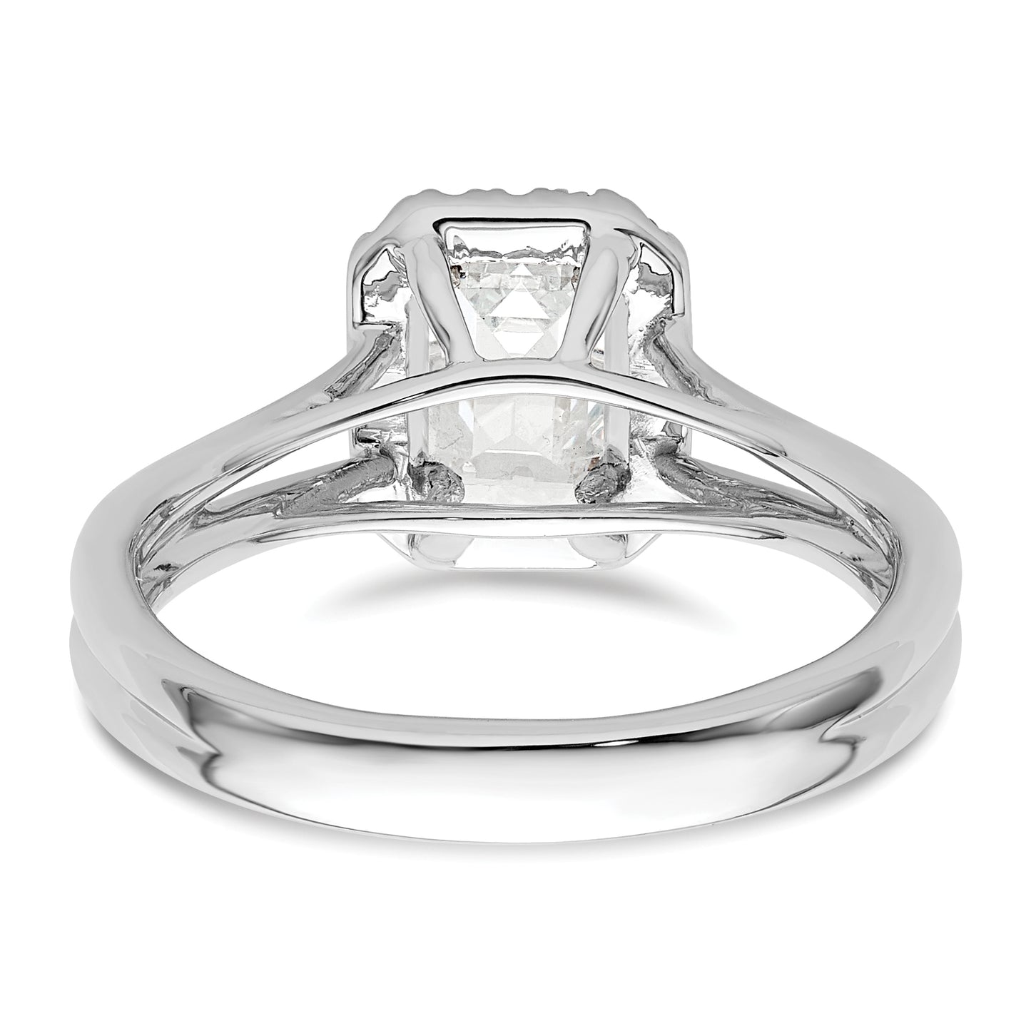 14k White Gold Halo (Holds 1.25 carat (6.8x5.2mm) Emerald-cut Center) 1/8 carat Diamond Semi-mount Split Shank Engagement Ring