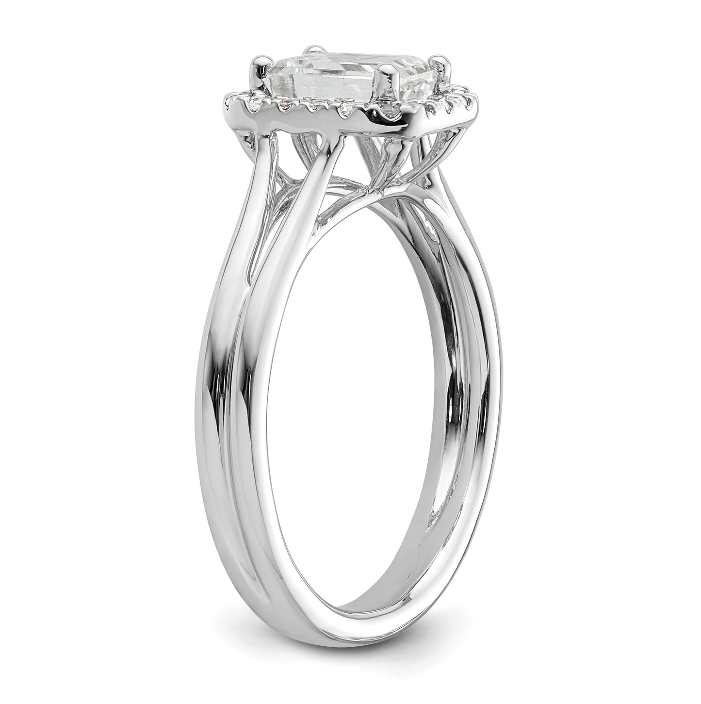 14k White Gold Halo (Holds 1.25 carat (6.8x5.2mm) Emerald-cut Center) 1/8 carat Diamond Semi-mount Split Shank Engagement Ring