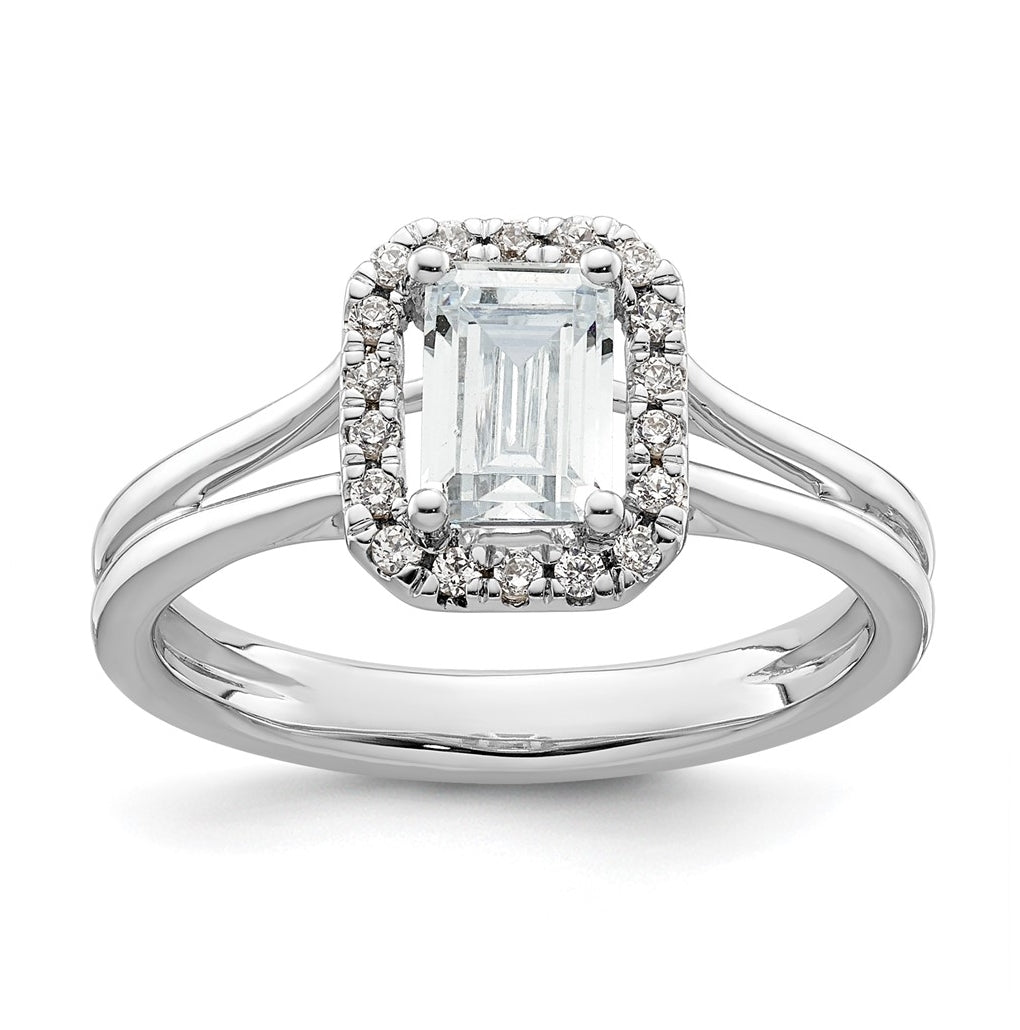 14k White Gold Halo (Holds 1.25 carat (6.8x5.2mm) Emerald-cut Center) 1/8 carat Diamond Semi-mount Split Shank Engagement Ring