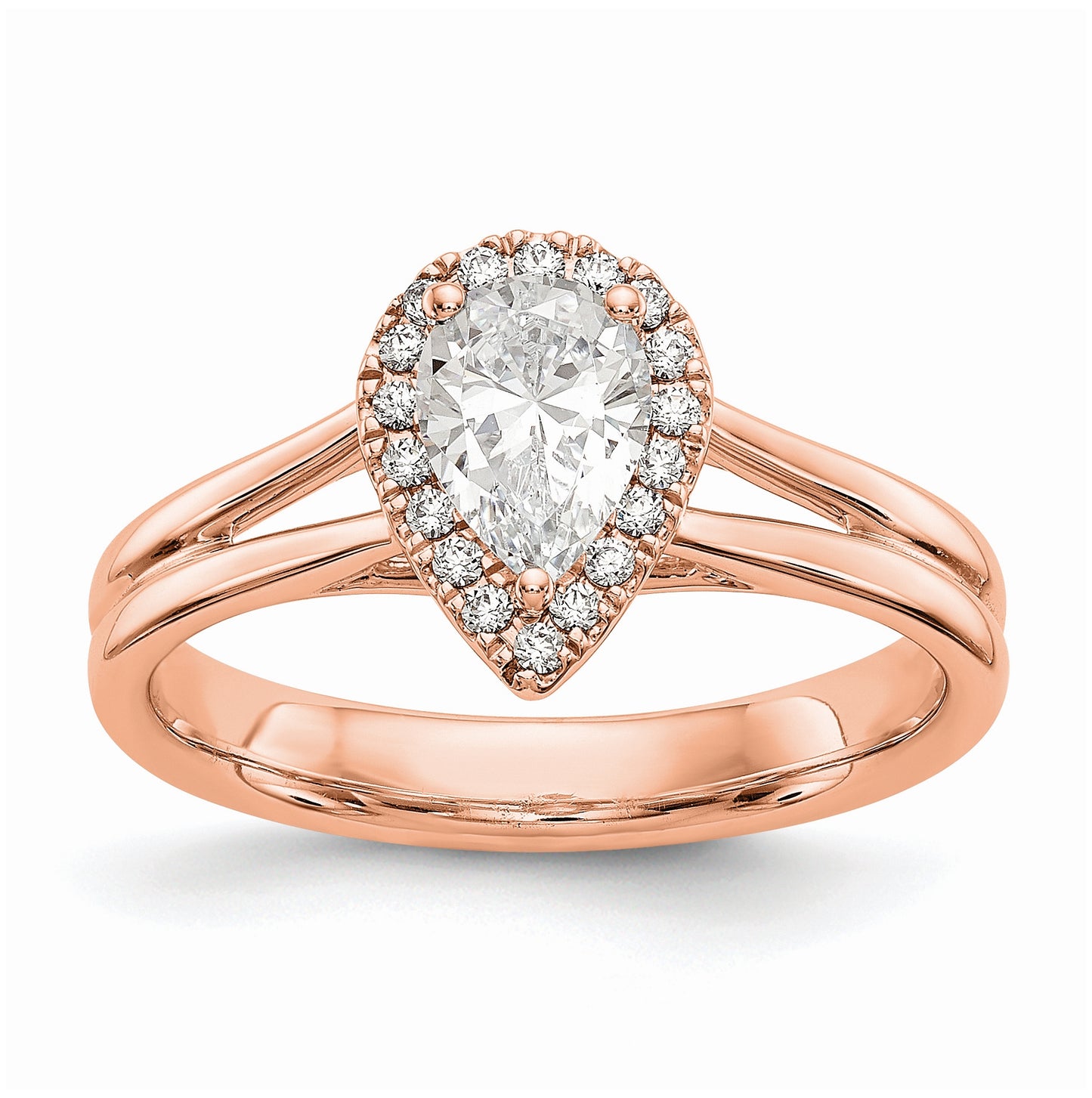14k Rose Gold Halo (Holds 1/2 carat (7x4.5mm) Pear Center) 1/10 carat Diamond Semi-mount Split Shank Engagement Ring