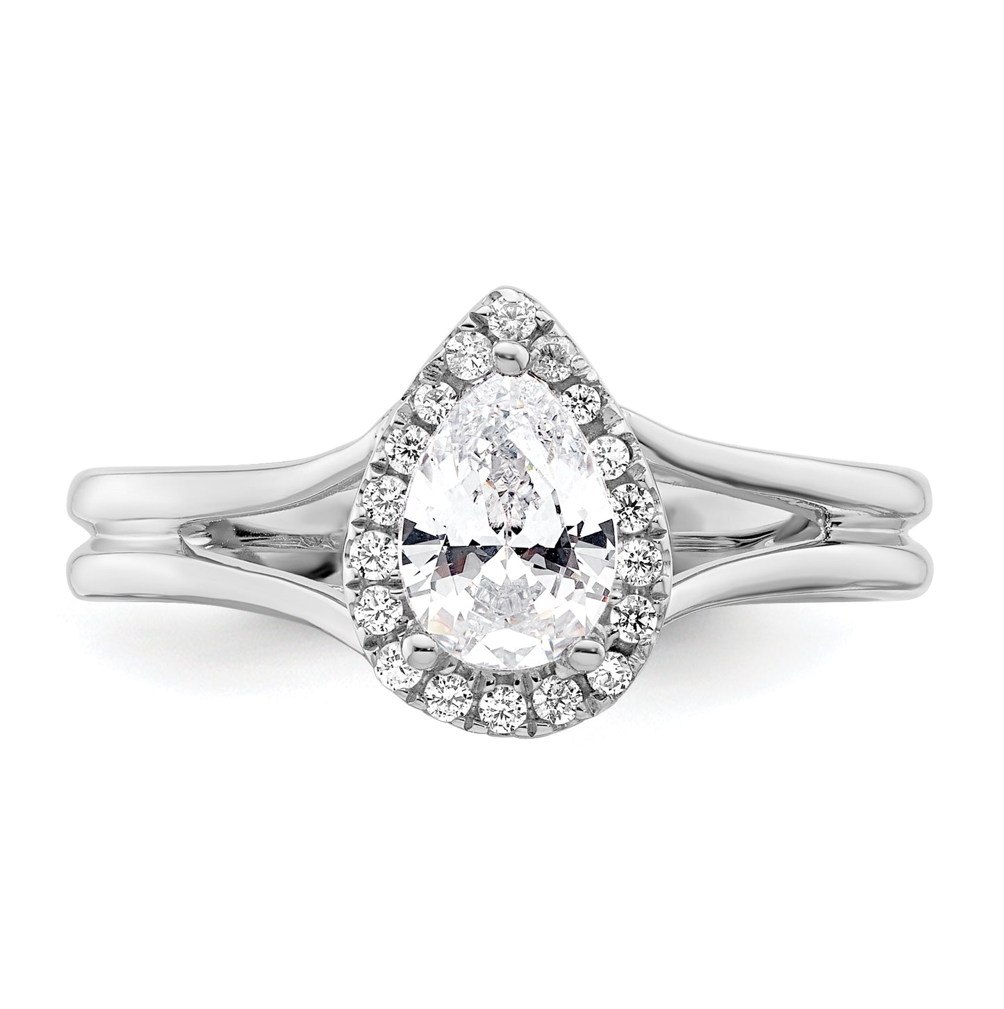 14k White Gold Halo (Holds 1/2 carat (7x4.5mm) Pear Center) 1/10 carat Diamond Semi-mount Split Shank Engagement Ring
