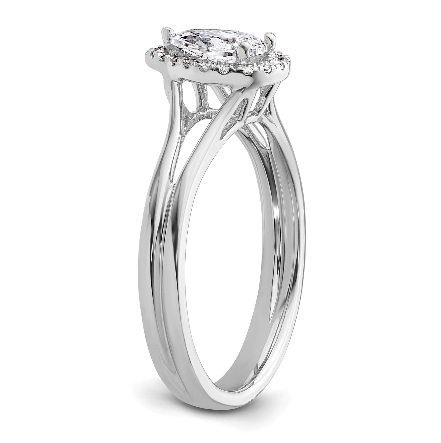 14k White Gold Halo (Holds 1/2 carat (7x4.5mm) Pear Center) 1/10 carat Diamond Semi-mount Split Shank Engagement Ring