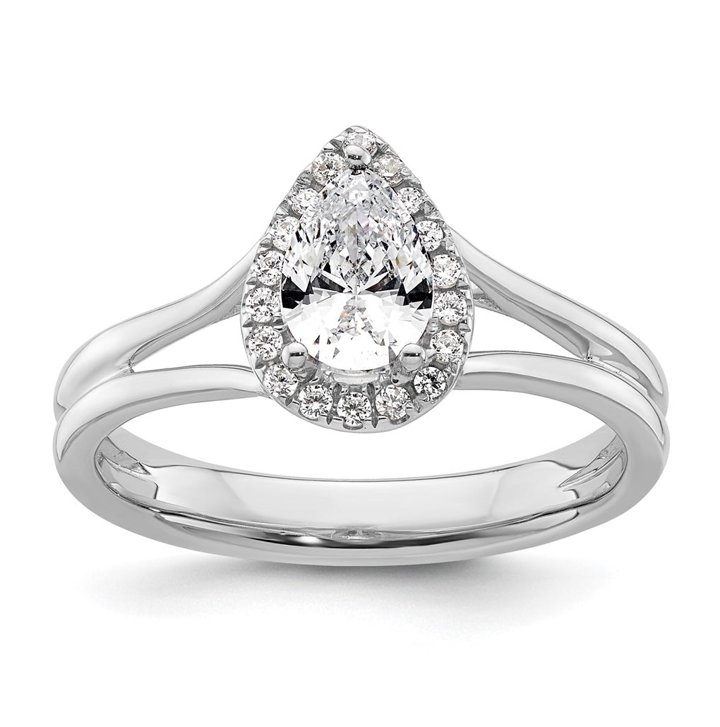 14k White Gold Halo (Holds 1/2 carat (7x4.5mm) Pear Center) 1/10 carat Diamond Semi-mount Split Shank Engagement Ring