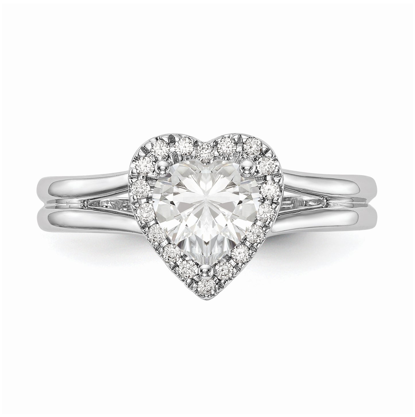 14k White Gold Halo (Holds 1/2 carat (5.4mm) Heart Center) 1/10 carat Diamond Semi-mount Split Shank Engagement Ring