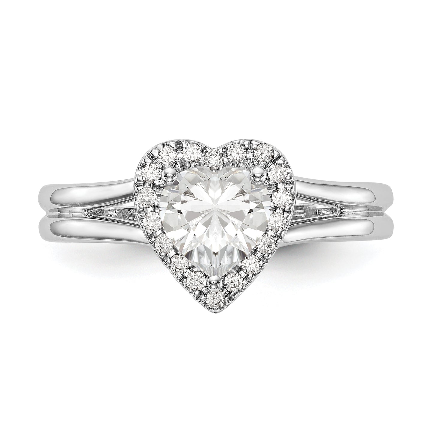 14k White Gold Halo (Holds 1 carat (6.6mm) Heart Center) 1/8 carat Diamond Semi-mount Split Shank Engagement Ring