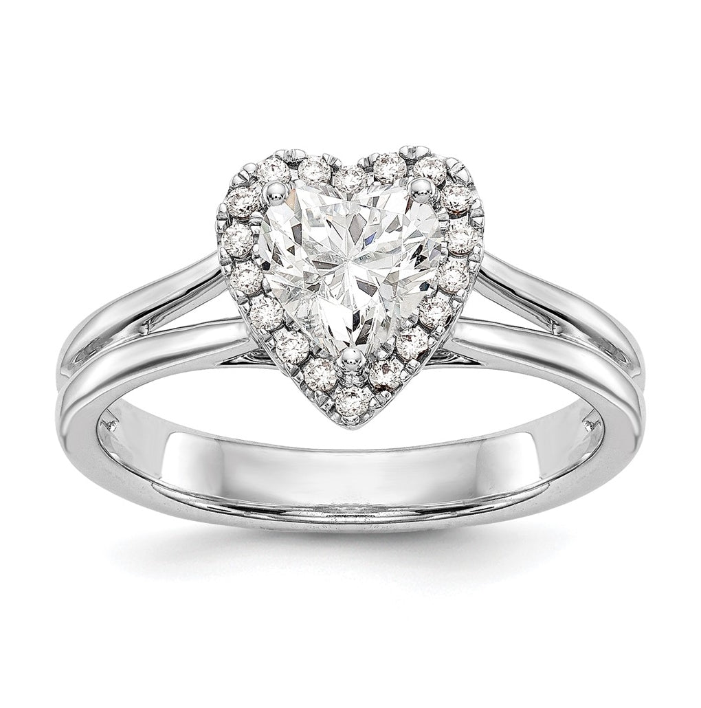 14k White Gold Halo (Holds 1 carat (6.6mm) Heart Center) 1/8 carat Diamond Semi-mount Split Shank Engagement Ring