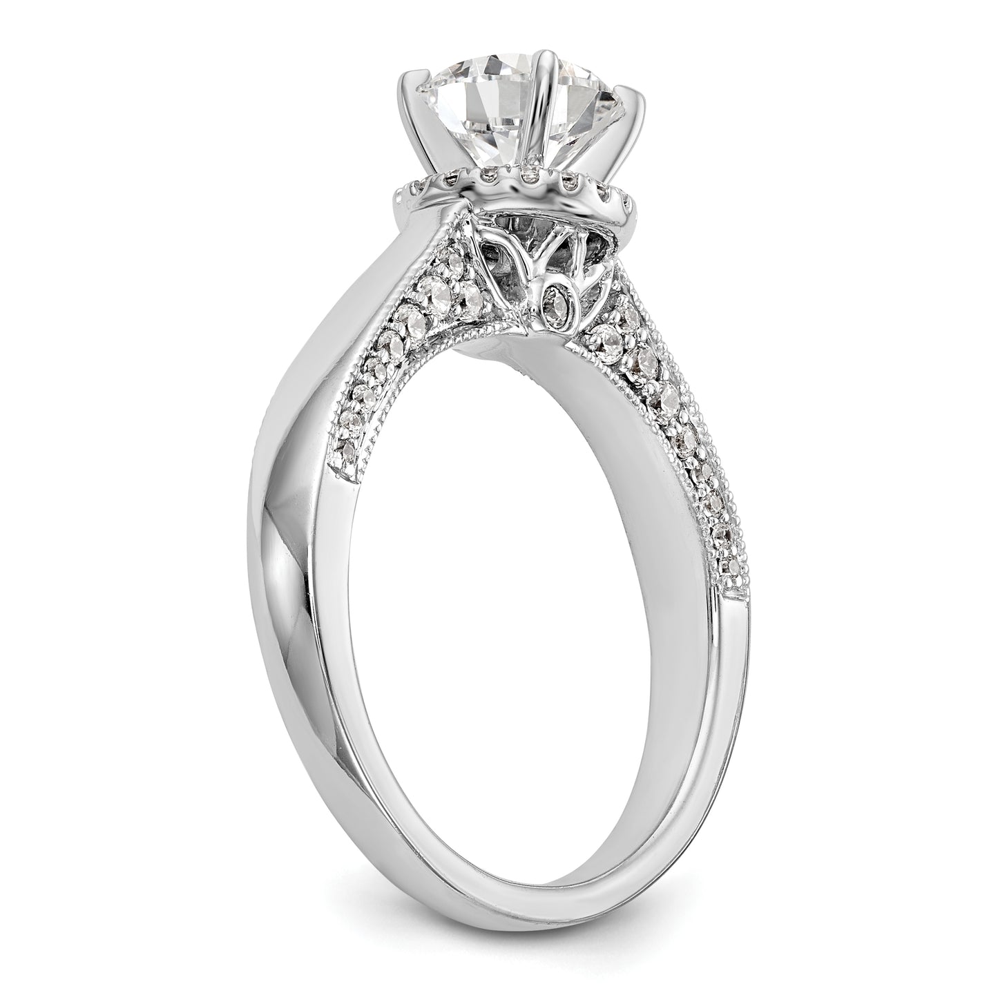14K White Gold Round Diamond Semi-Mount Halo Engagement Ring, 3.3 to 1.6 mm (tapered)