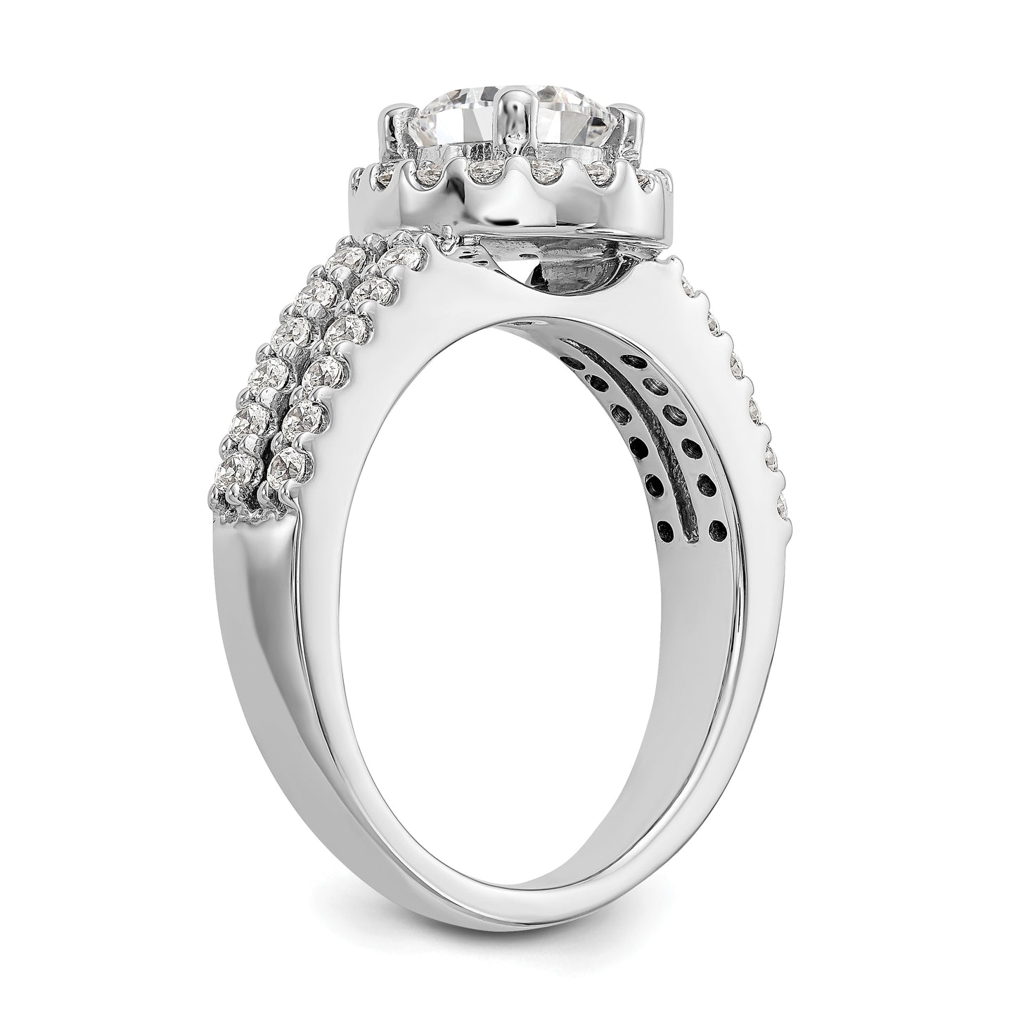 14K White Gold Halo Plus (Holds 1 carat (6.5mm) Round Center) 1/2 carat Diamond Semi-Mount Engagement Ring, 4 to 2.2 mm (tapered)