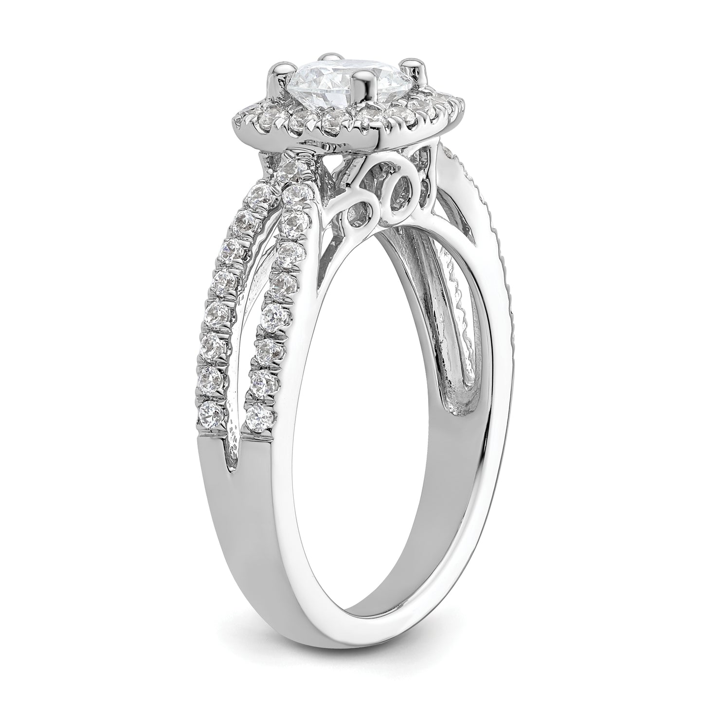 14k White Gold Halo Plus (Holds 3/4 carat (5.8mm) Round Center) 1/2 carat Diamond Semi-Mount Engagement Ring, 4 to 2.7 mm (tapered)