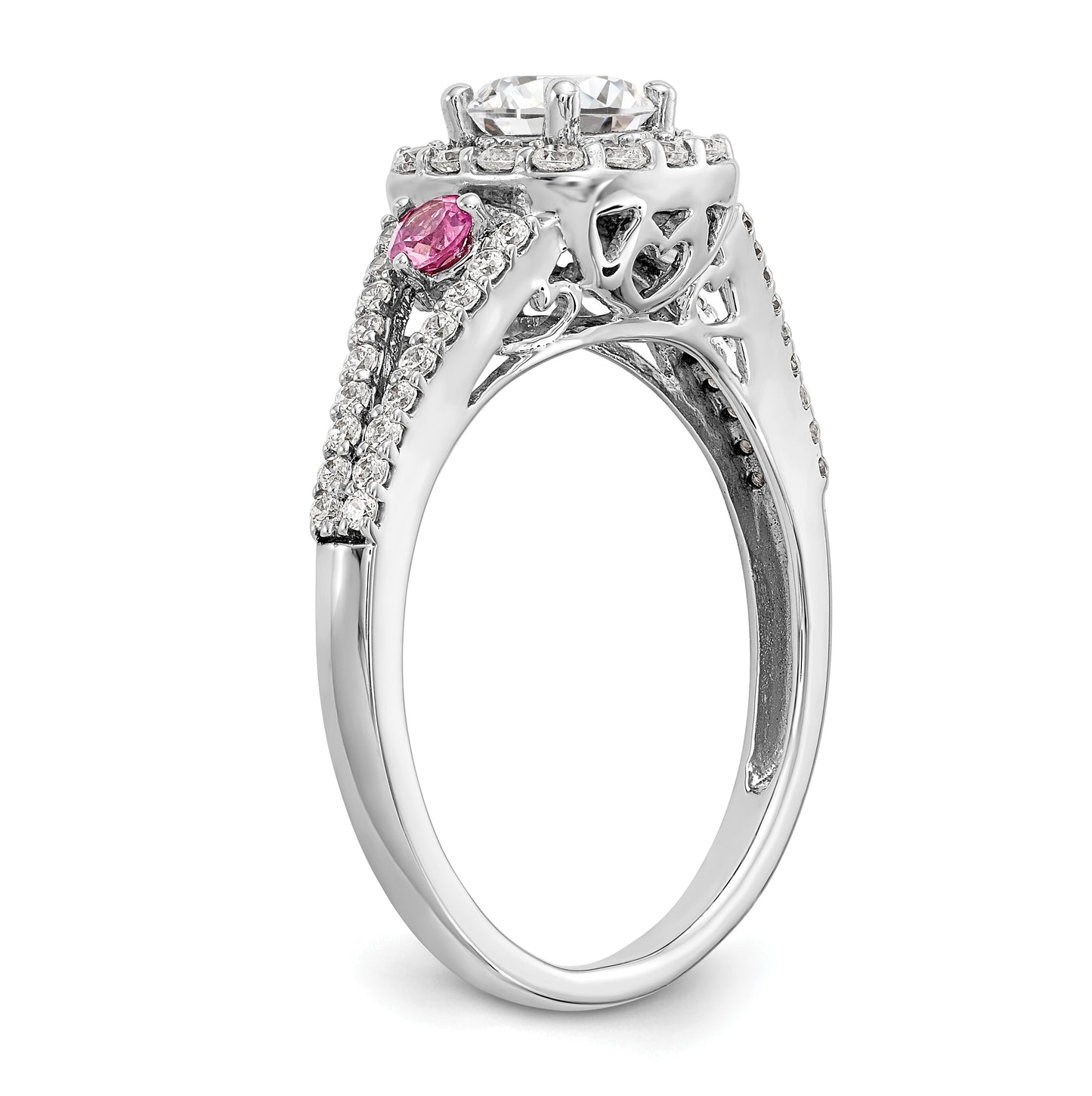 14K White Gold Halo Plus (Holds 1/2 carat (5.2mm) Round Center) 1/2 carat Diamond and Pink Sapphire Semi-Mount Engagement Ring