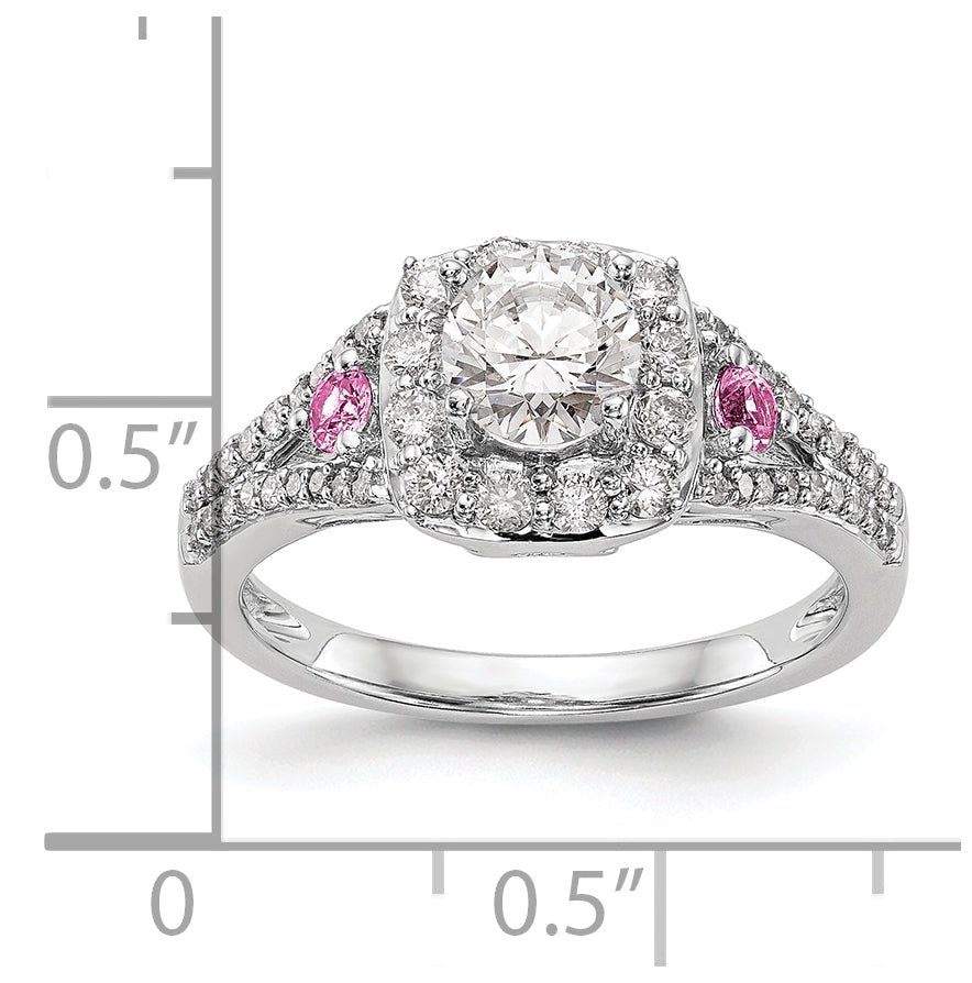 14K White Gold Halo Plus (Holds 1/2 carat (5.2mm) Round Center) 1/2 carat Diamond and Pink Sapphire Semi-Mount Engagement Ring