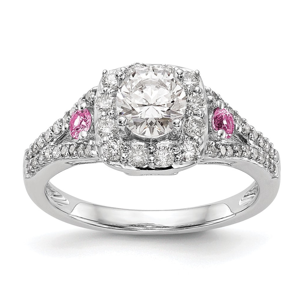 14K White Gold Halo Plus (Holds 1/2 carat (5.2mm) Round Center) 1/2 carat Diamond and Pink Sapphire Semi-Mount Engagement Ring