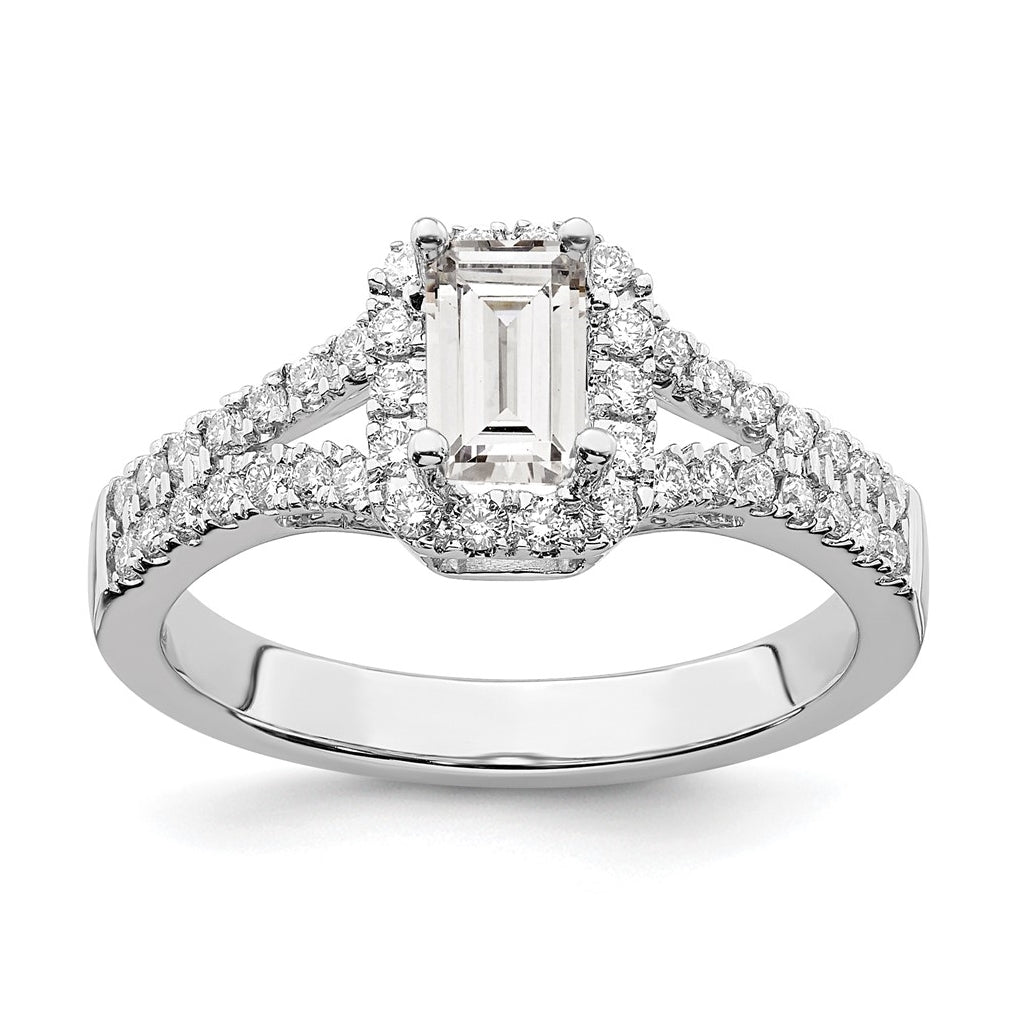 14K White Gold Halo Plus (Holds 1/2 carat (6x4mm) Emerald-cut Center) 3/8 carat Diamond Semi-Mount Engagement Ring