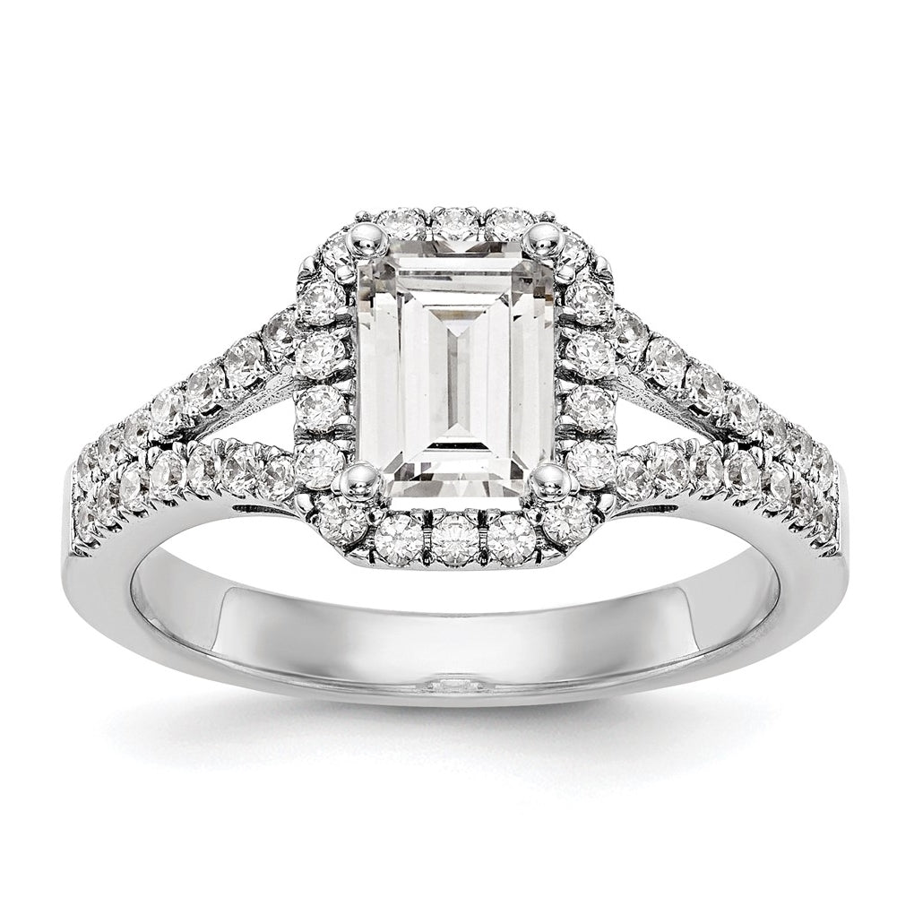 True Origin 14K White Gold 1/2 carat Lab Grown Diamond VS/SI D E F Semi Mount Emerald Halo Engagement Ring, 5.6 to 2.9 mm (tapered)