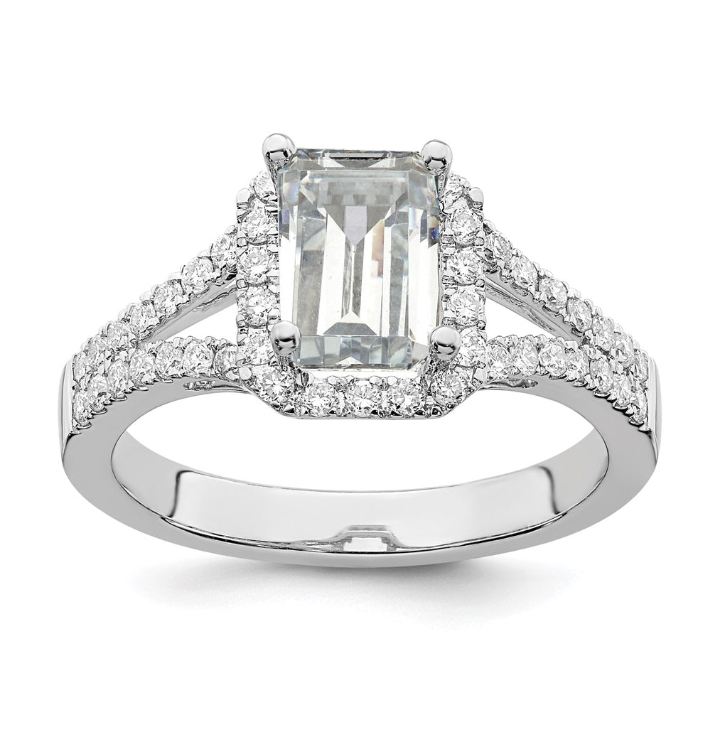 True Origin 14K White Gold 1/2 carat Lab Grown Diamond VS/SI D E F Semi Mount Emerald Halo Engagement Ring, 3.1 to 2.8 mm (tapered)