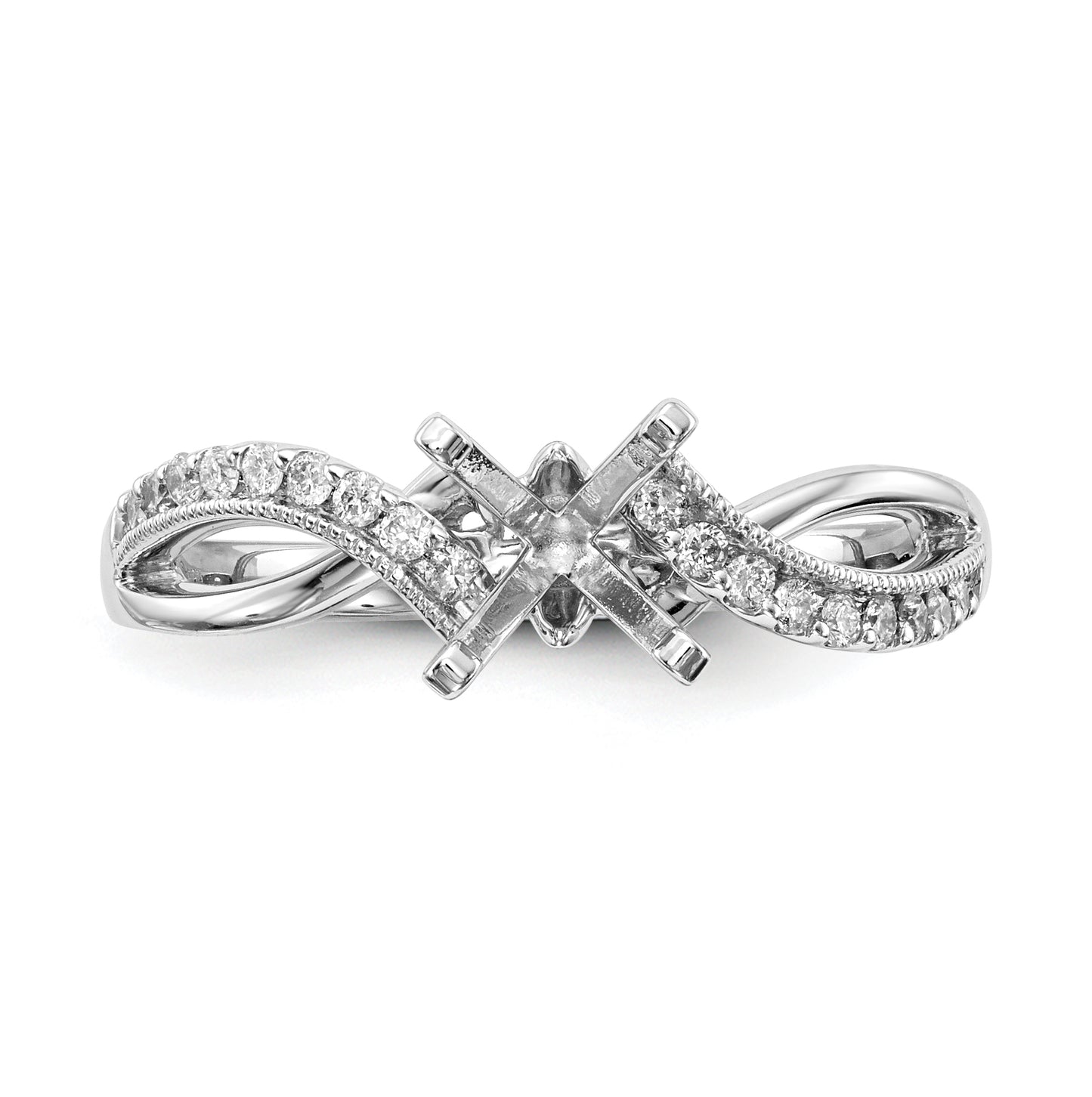 14k White Gold Criss-Cross Peg Set 1/6 carat Diamond Semi-mount Engagement Ring, 1.7 to 2.7 mm (tapered)