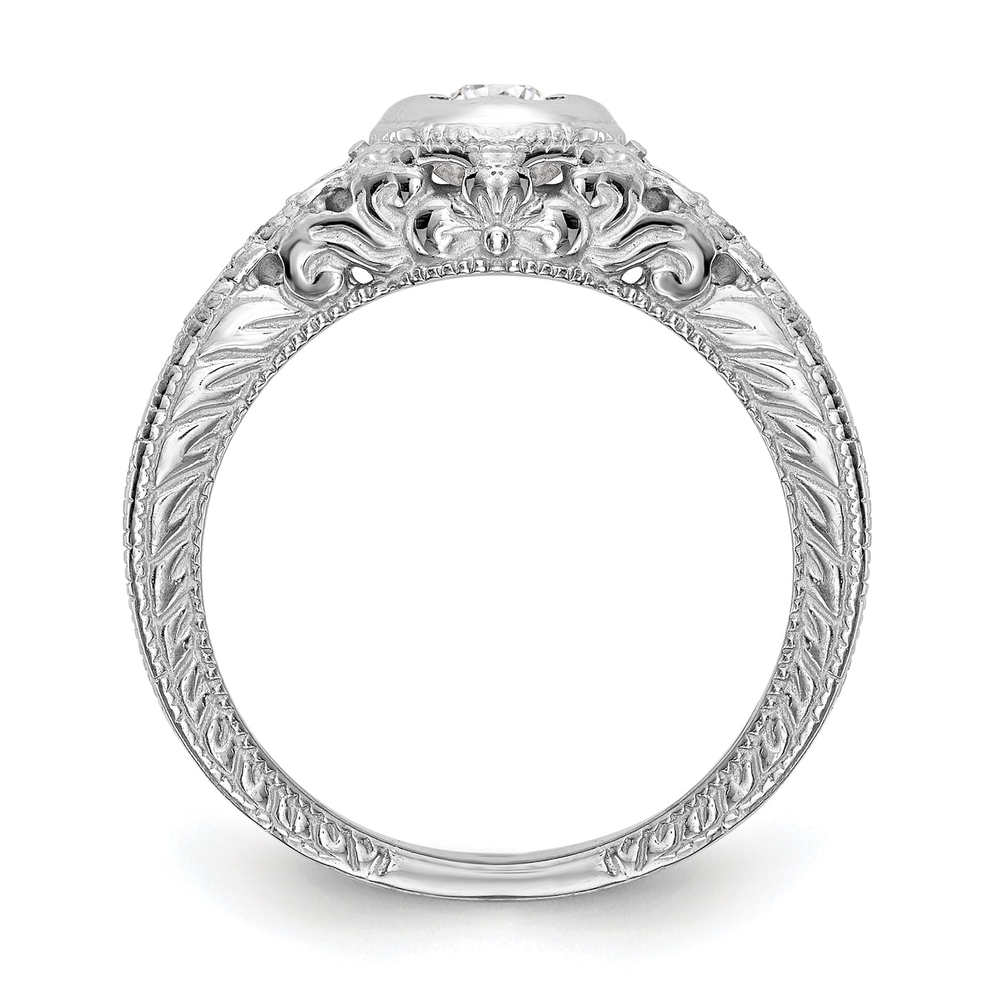 14K White Gold Floral (Holds 1/4 carat (4.00mm) Round Center Bezel) 1/4 carat Diamond Semi-Mount Engagement Ring