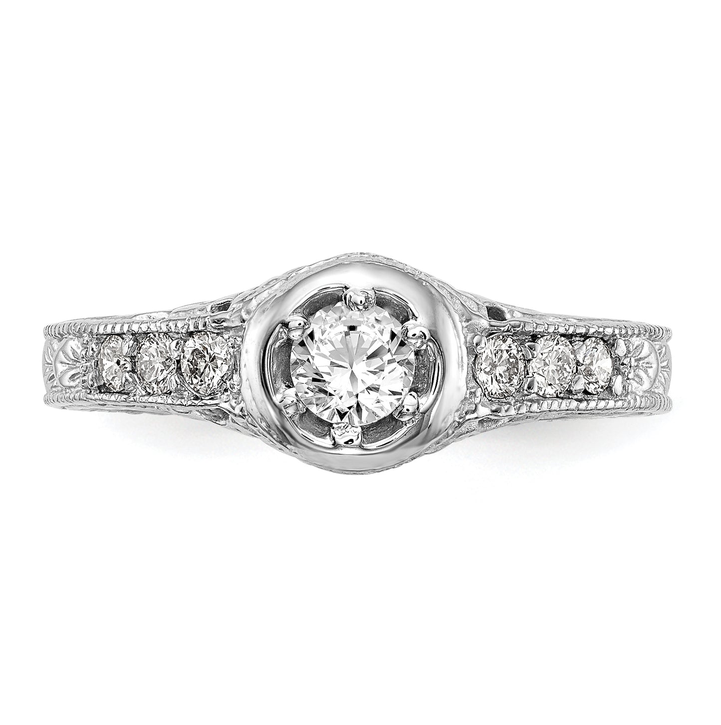 14K White Gold Floral (Holds 1/4 carat (4.00mm) Round Center Bezel) 1/4 carat Diamond Semi-Mount Engagement Ring