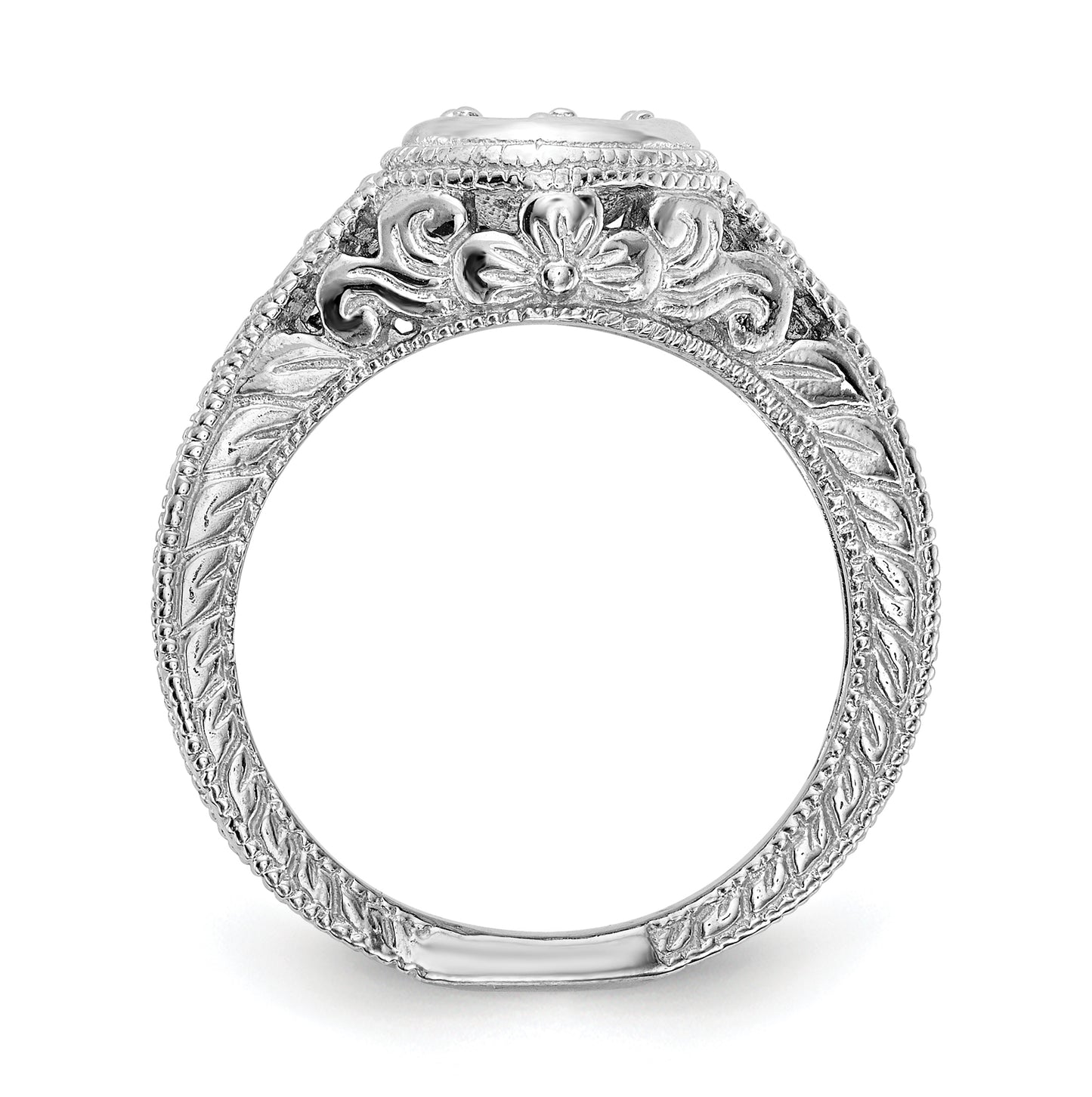 14K White Gold Floral (Holds 1/2 carat (5.00mm) Round Center Bezel) 1/4 carat Diamond Semi-Mount Engagement Ring