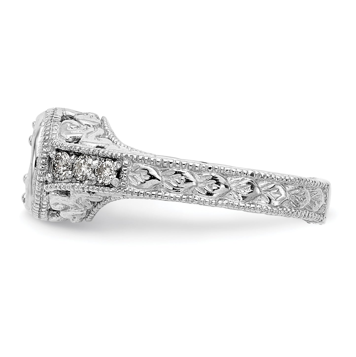 14K White Gold Floral (Holds 1/2 carat (5.00mm) Round Center Bezel) 1/4 carat Diamond Semi-Mount Engagement Ring
