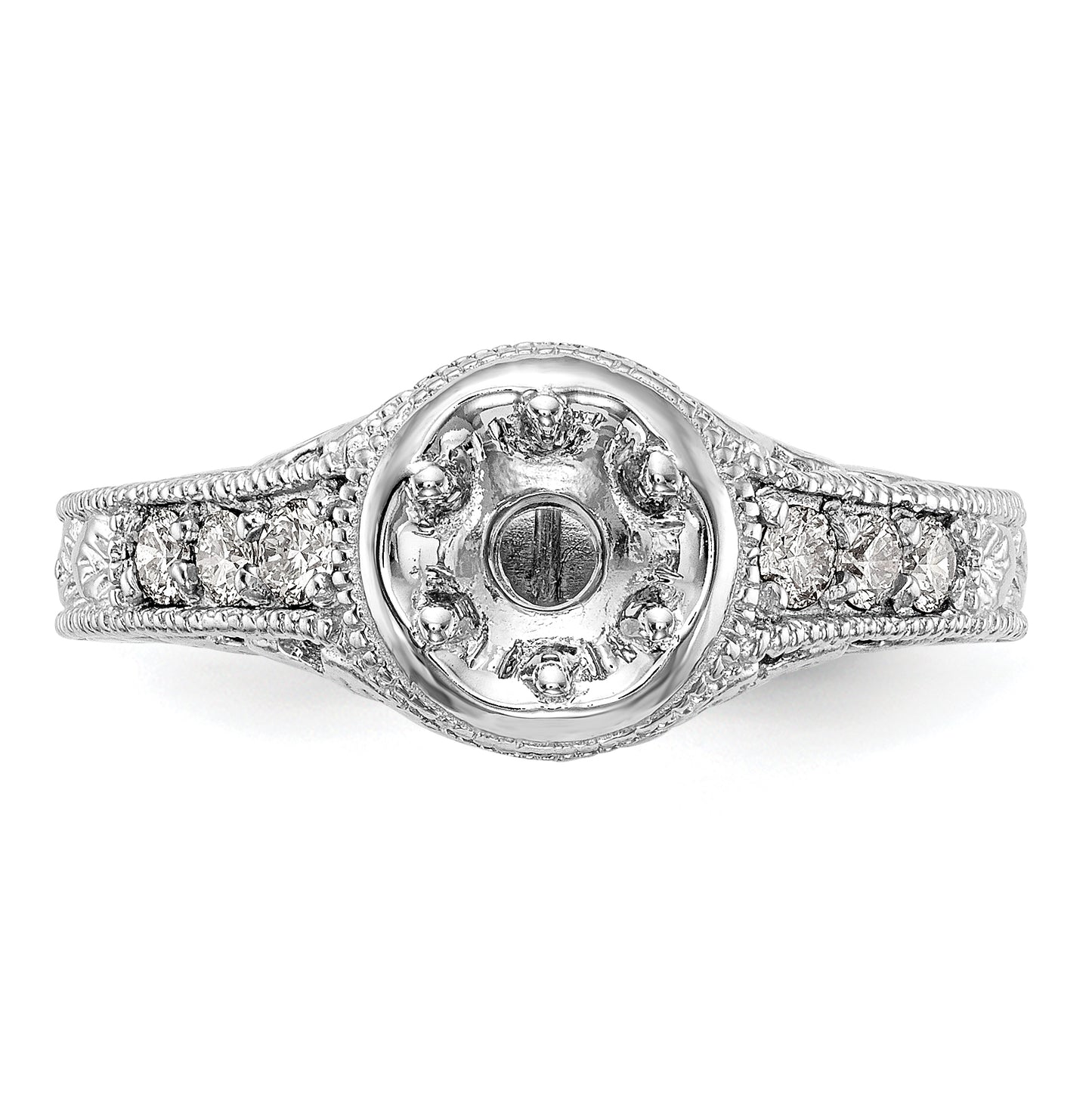 14K White Gold Floral (Holds 1/2 carat (5.00mm) Round Center Bezel) 1/4 carat Diamond Semi-Mount Engagement Ring