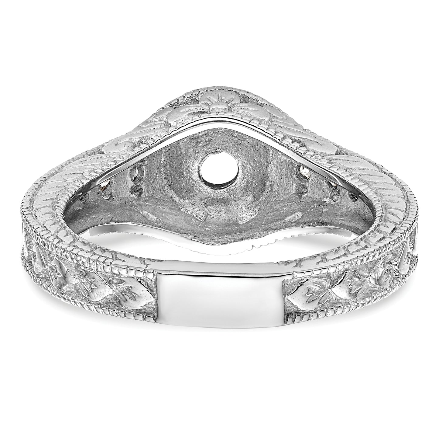 14K White Gold Floral (Holds 1/2 carat (5.00mm) Round Center Bezel) 1/4 carat Diamond Semi-Mount Engagement Ring
