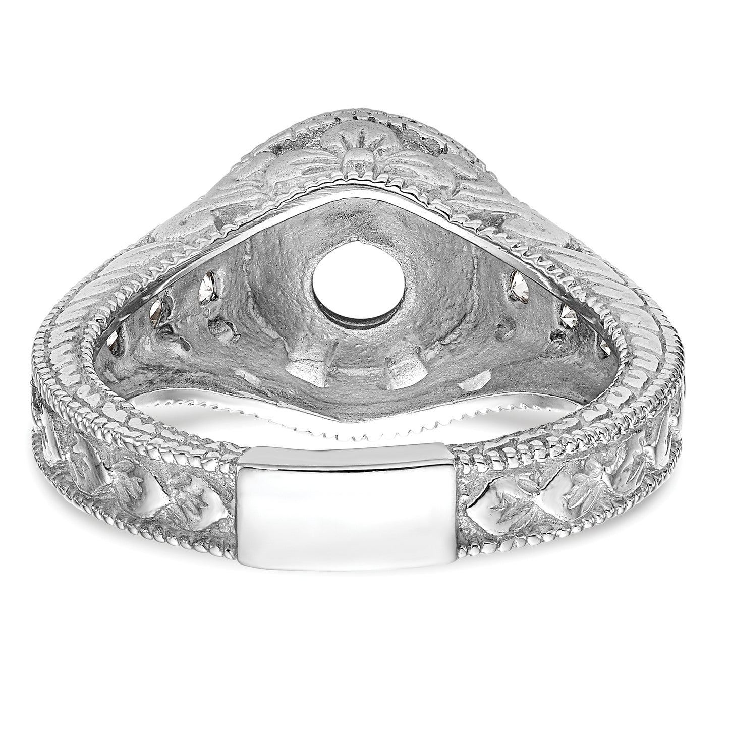 14K White Gold Floral (Holds 3/4 carat (6.00mm) Round Center Bezel) 3/8 carat Diamond Semi-Mount Engagement Ring