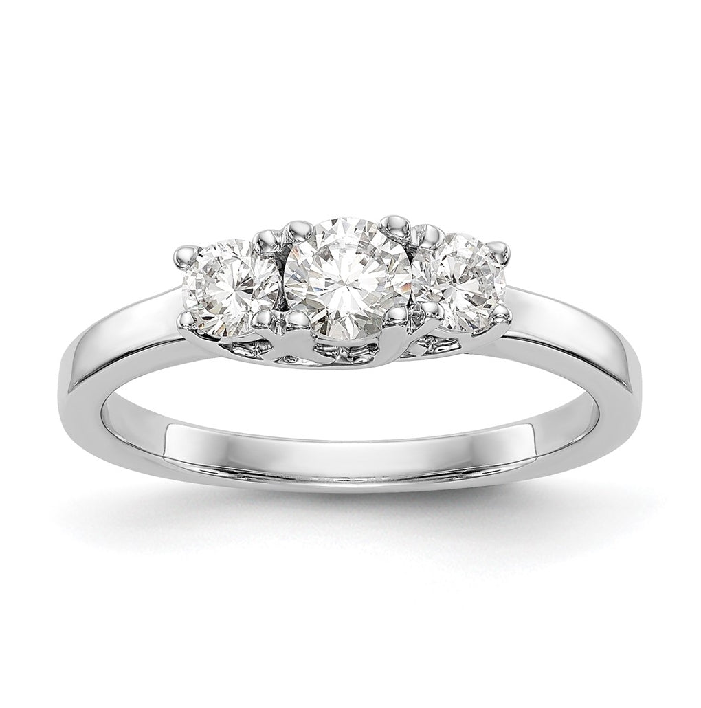 14K White Gold 3-Stone (Holds 1/4 carat (4.1mm) Round Center) Includes 2-3.2mm Round Side Diamonds Semi-Mount Engagement Ring