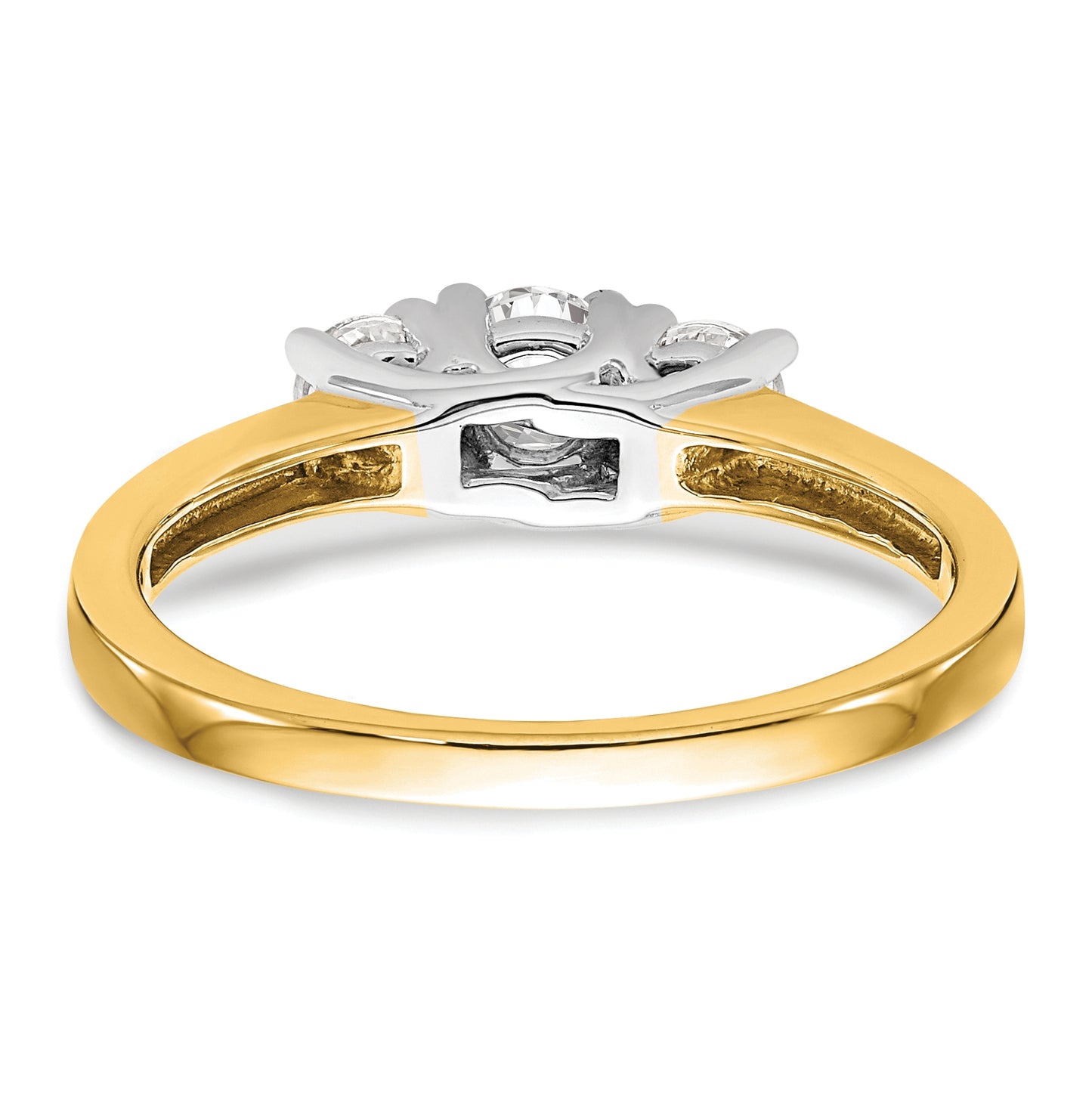14K Two-tone 3-Stone (Holds 1/4 carat (4.1mm) Round Center) Includes 2-3.2mm Round Side Diamonds Semi-Mount Engagement Ring