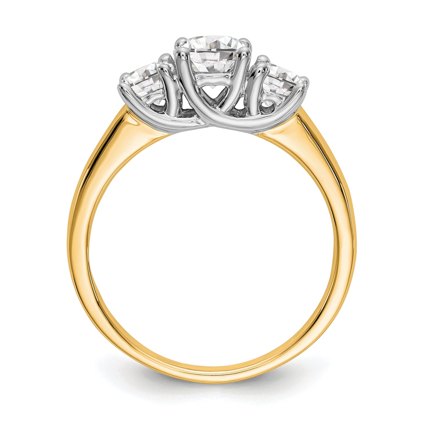 14K Two-tone 3-Stone (Holds 1/2 carat (5.2mm) Round Center) Includes 2-4.00mm Round Side Diamonds Semi-Mount Engagement Ring