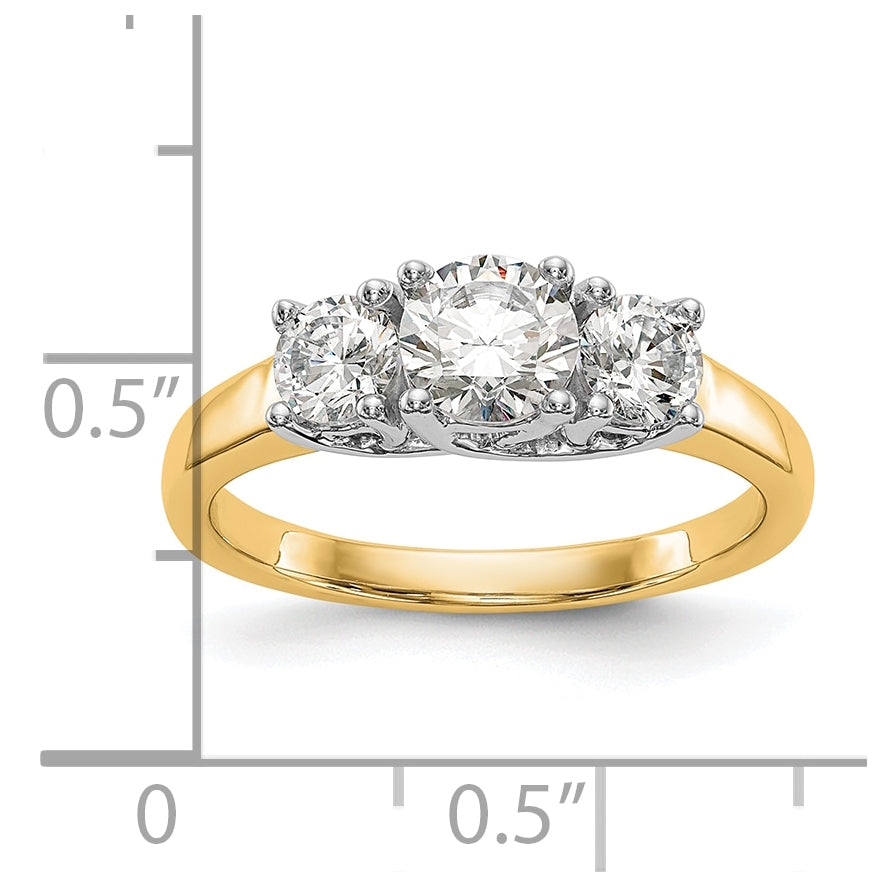 14K Two-tone 3-Stone (Holds 1/2 carat (5.2mm) Round Center) Includes 2-4.00mm Round Side Diamonds Semi-Mount Engagement Ring