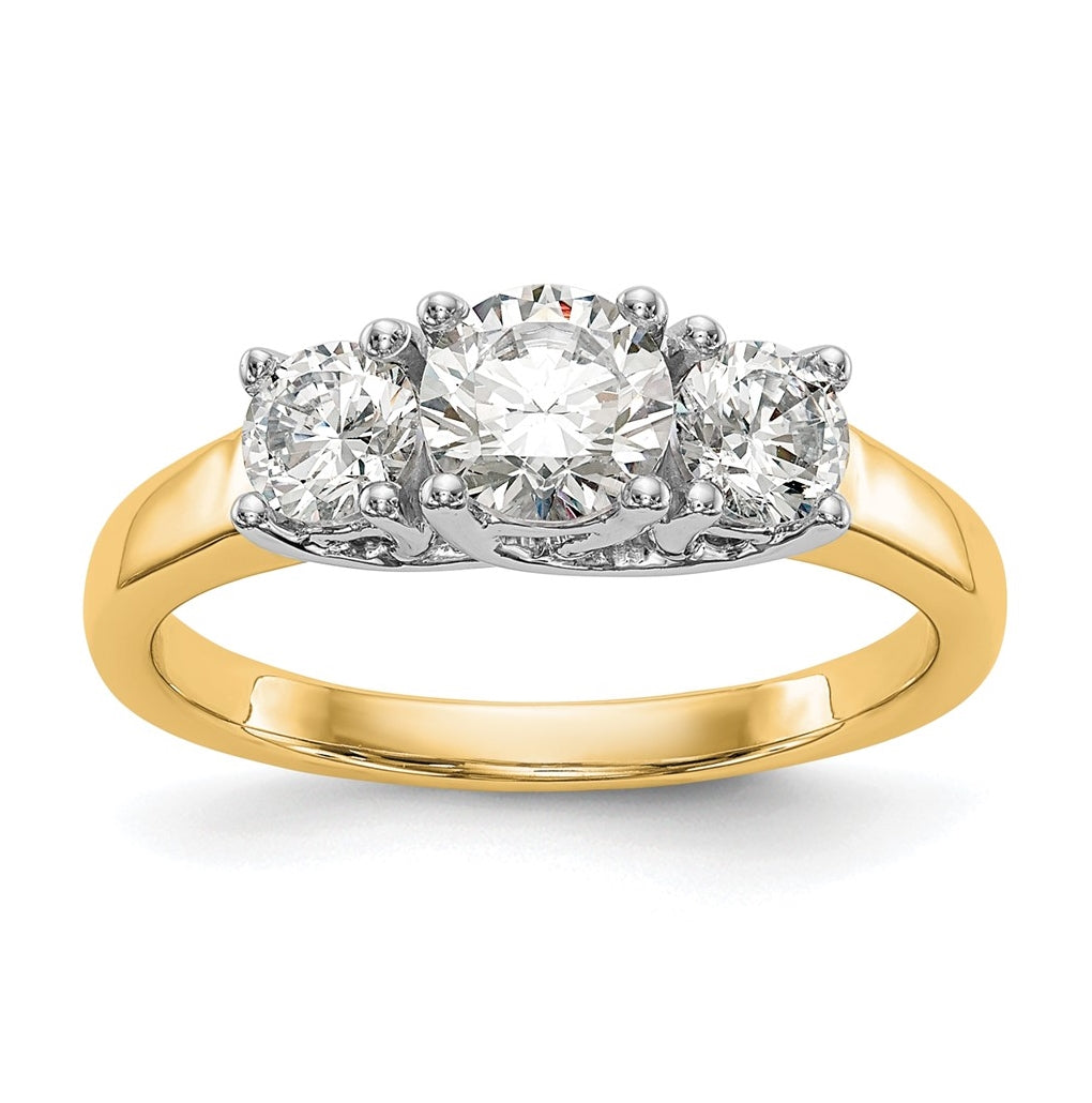 14K Two-tone 3-Stone (Holds 1/2 carat (5.2mm) Round Center) Includes 2-4.00mm Round Side Diamonds Semi-Mount Engagement Ring