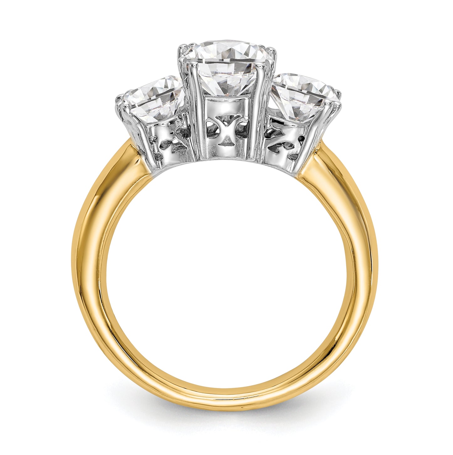 14K Two-tone 3-Stone (Holds 6.5mm Round Center) Includes 2-5.00mm Round Side Diamonds Semi-Mount Engagement Ring
