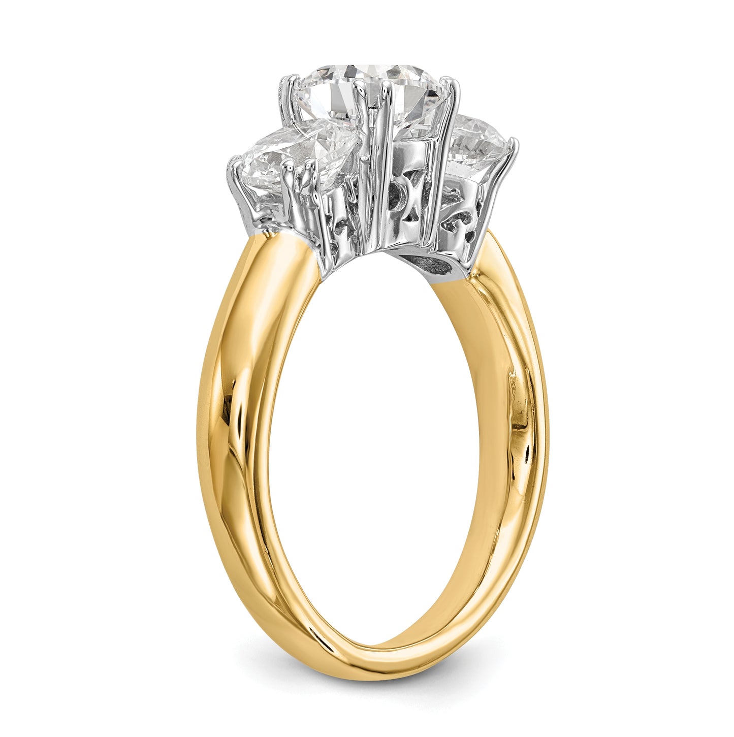 14K Two-tone 3-Stone (Holds 6.5mm Round Center) Includes 2-5.00mm Round Side Diamonds Semi-Mount Engagement Ring