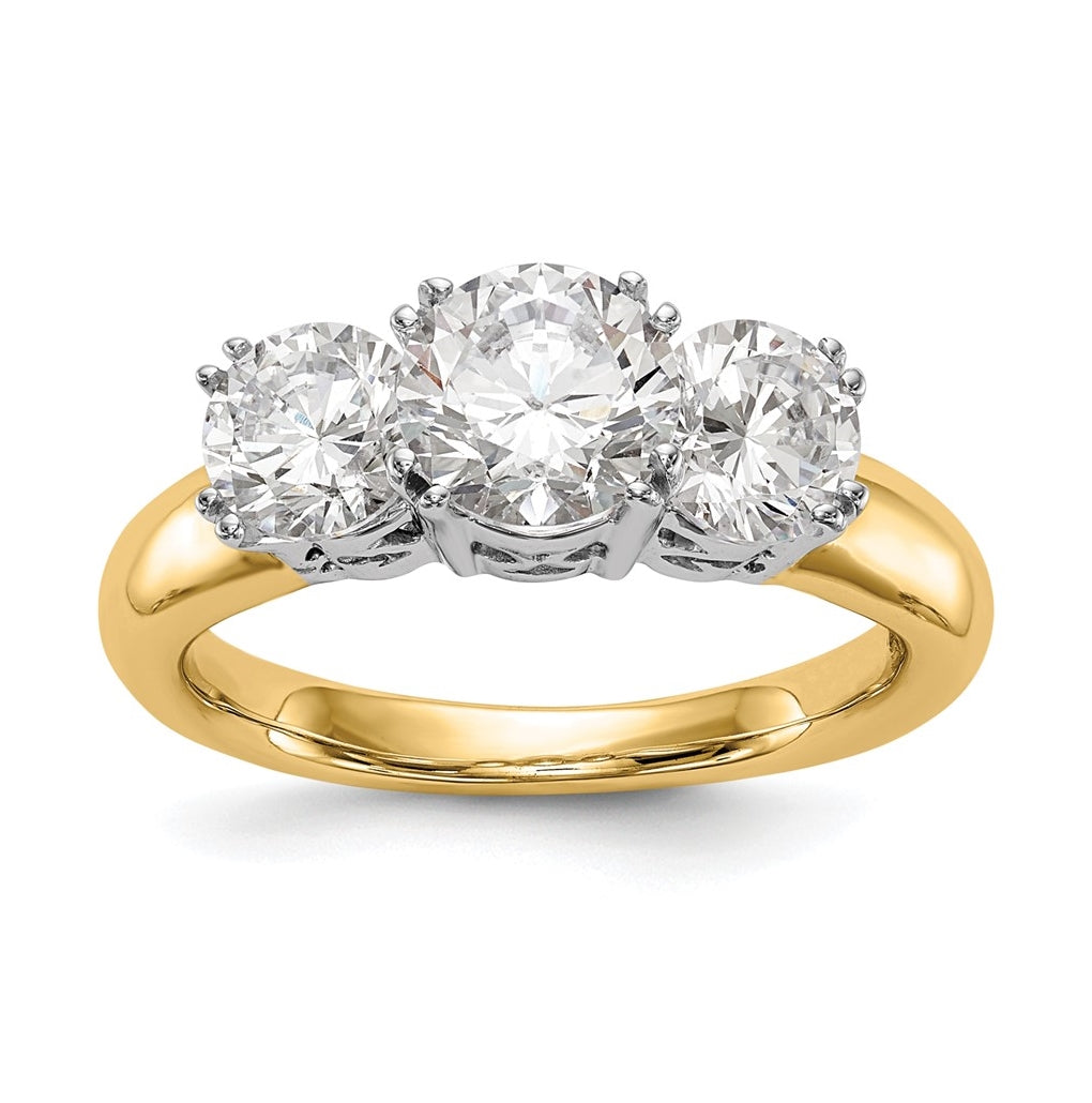 14K Two-tone 3-Stone (Holds 6.5mm Round Center) Includes 2-5.00mm Round Side Diamonds Semi-Mount Engagement Ring