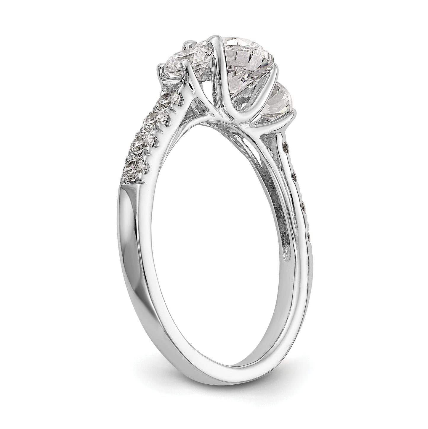 14K White Gold 3-Stone (Holds 1 carat (6.5mm) Round Center and (2-3.8mm) Round Sides) Diamond Semi-Mount Engagement Ring
