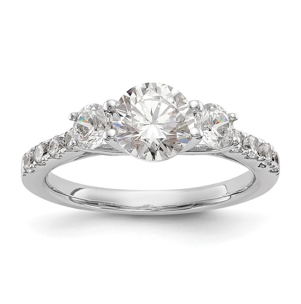 14K White Gold 3-Stone (Holds 1 carat (6.5mm) Round Center and (2-3.8mm) Round Sides) Diamond Semi-Mount Engagement Ring