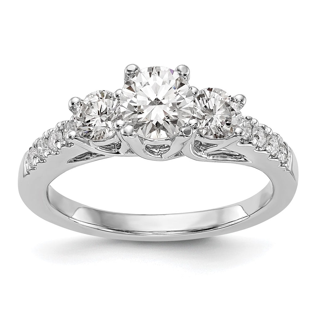 14K White Gold 3-Stone Plus (Holds 1/2 carat (5.2mm) Round Center and (4.00mm) Round Sides) Diamond Semi-Mount Engagement Ring