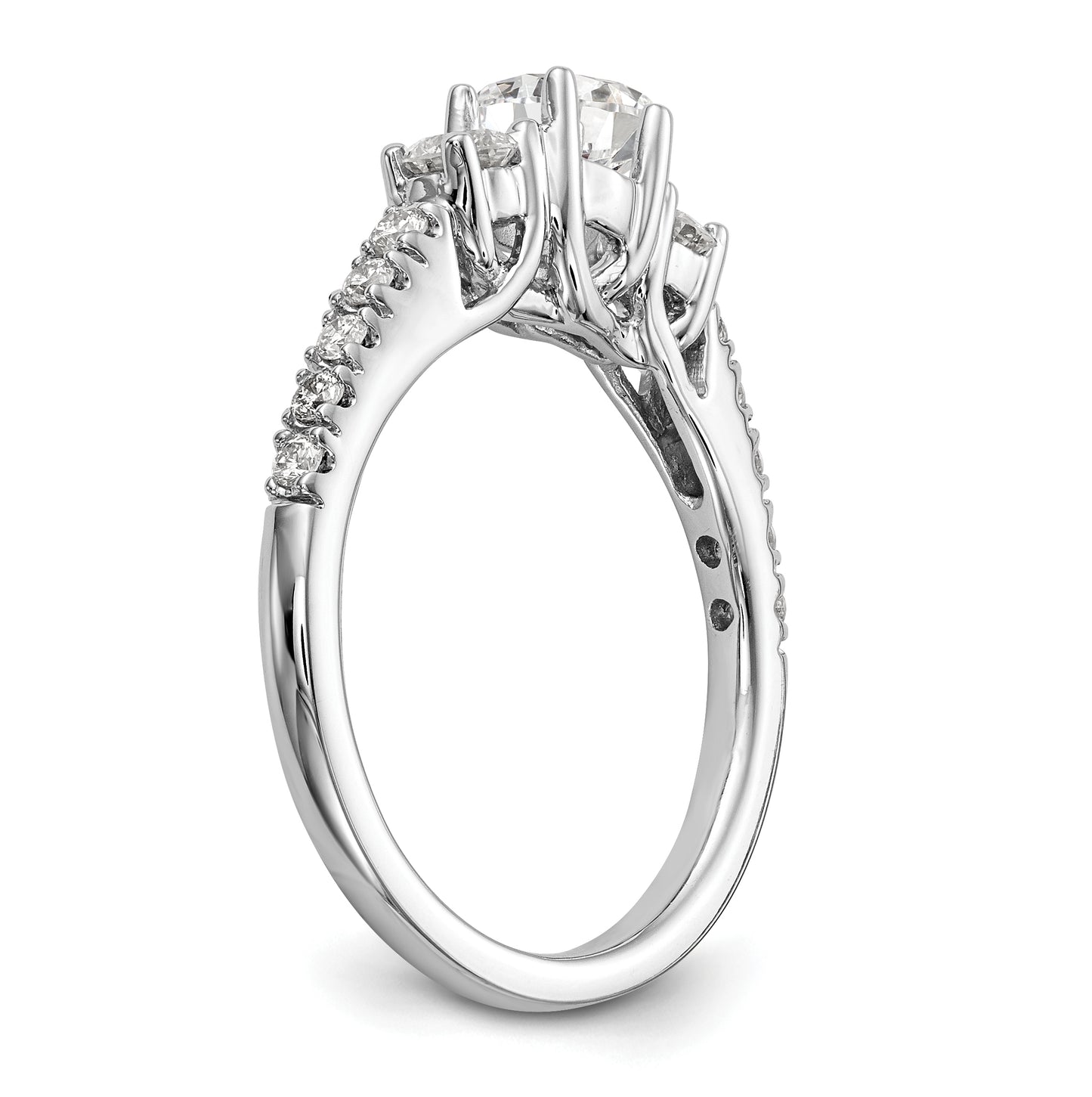 14K White Gold 3-Stone Plus (Holds 1/2 carat (5.2mm) Round Center) Diamond Semi-Mount Engagement Ring
